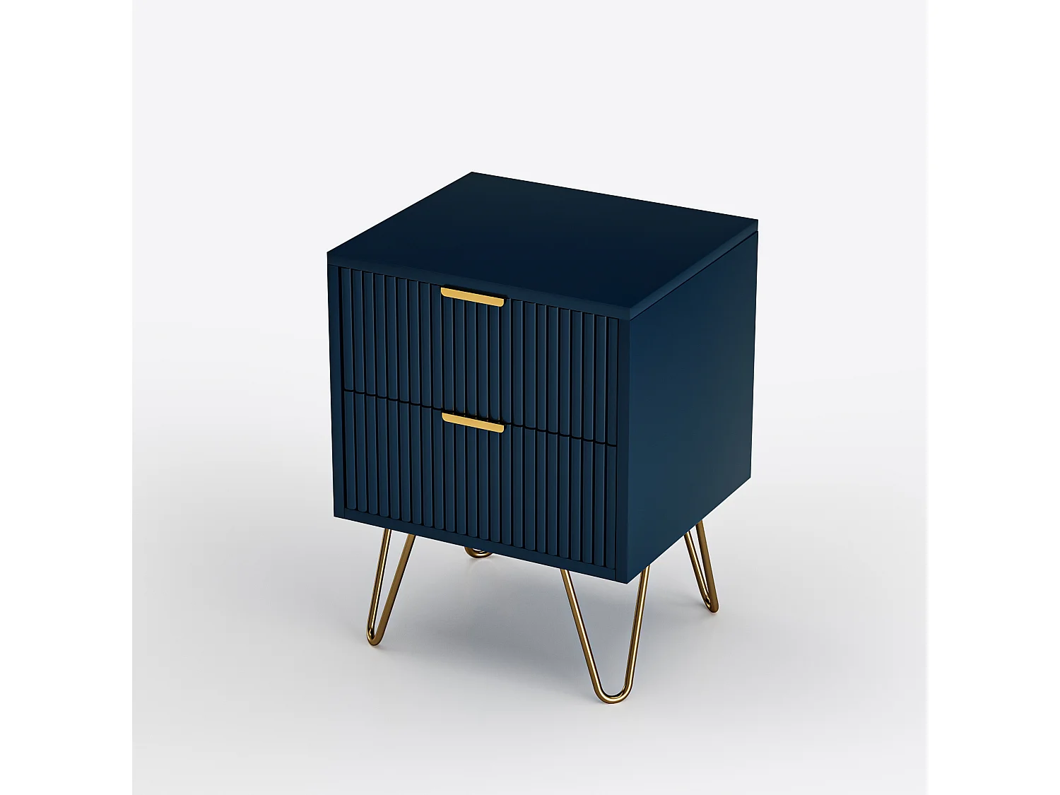 Commode 2 Tiroirs à Pieds Dorés avec Motif Vertical, Bleu Profond – Élégante, Moderne et Pratique pour Chambre ou Salon