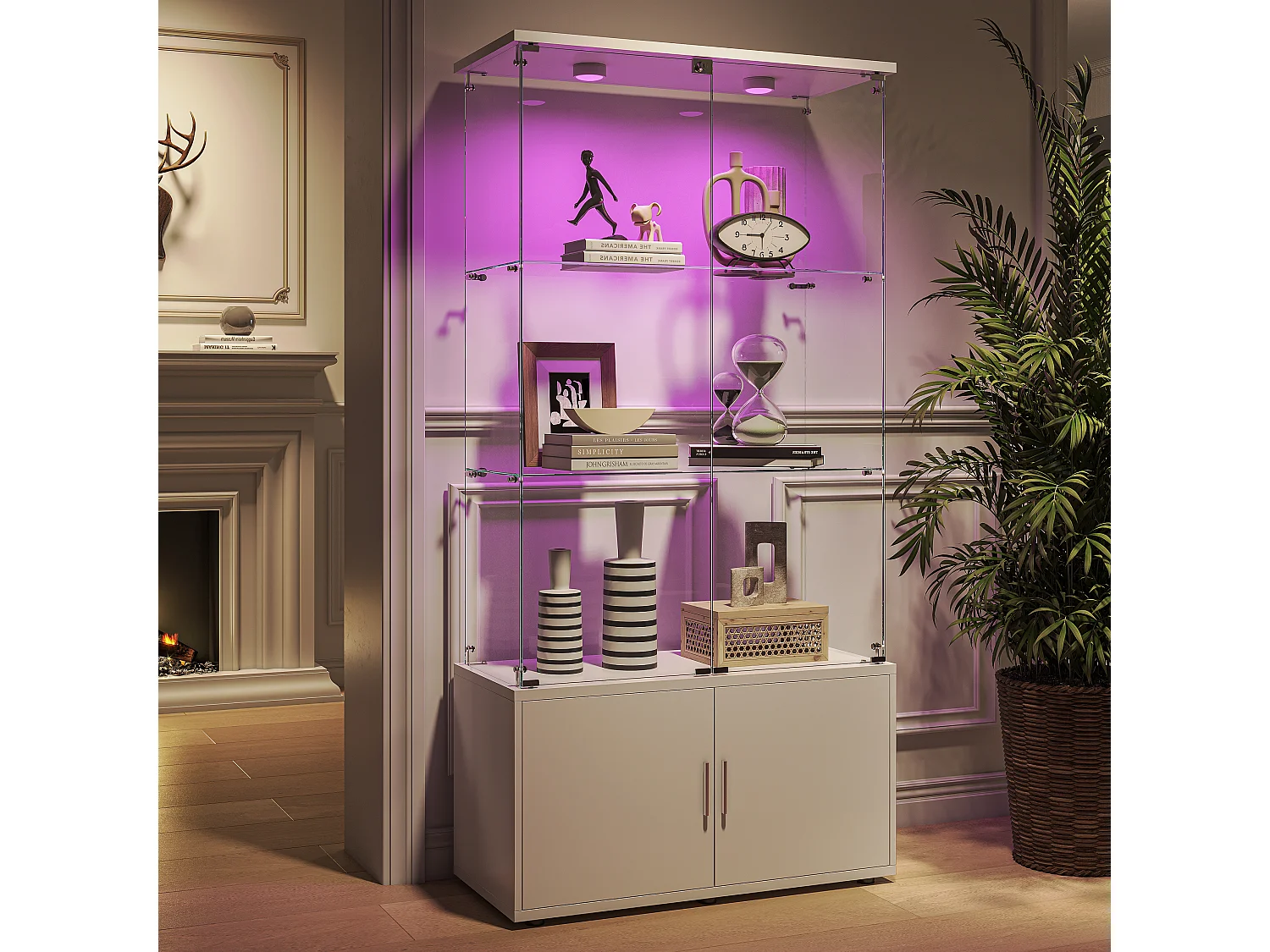 Vitrine à 3 étagères avec LED et rangement, design moderne blanc, verre trempé et métal – Idéale salon, chambre, bureau