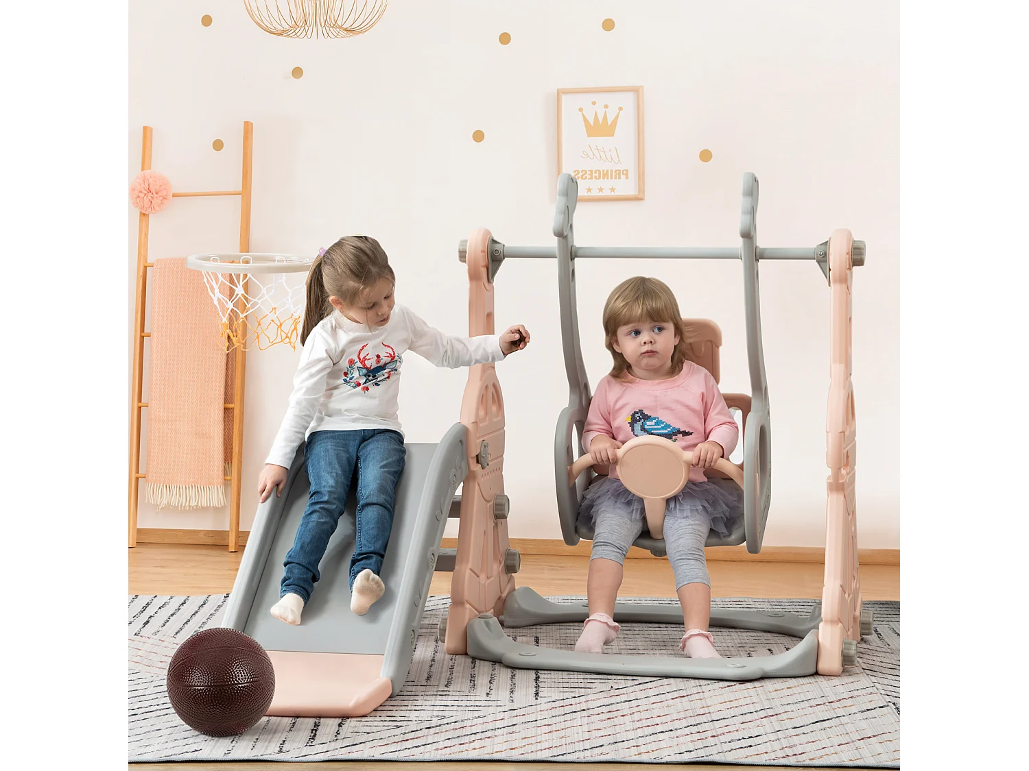 Tobogán infantil 4 en 1 con columpio, canasta de baloncesto y escalera para trepar. Ideal para jardín, tanto para uso interior como exterior.