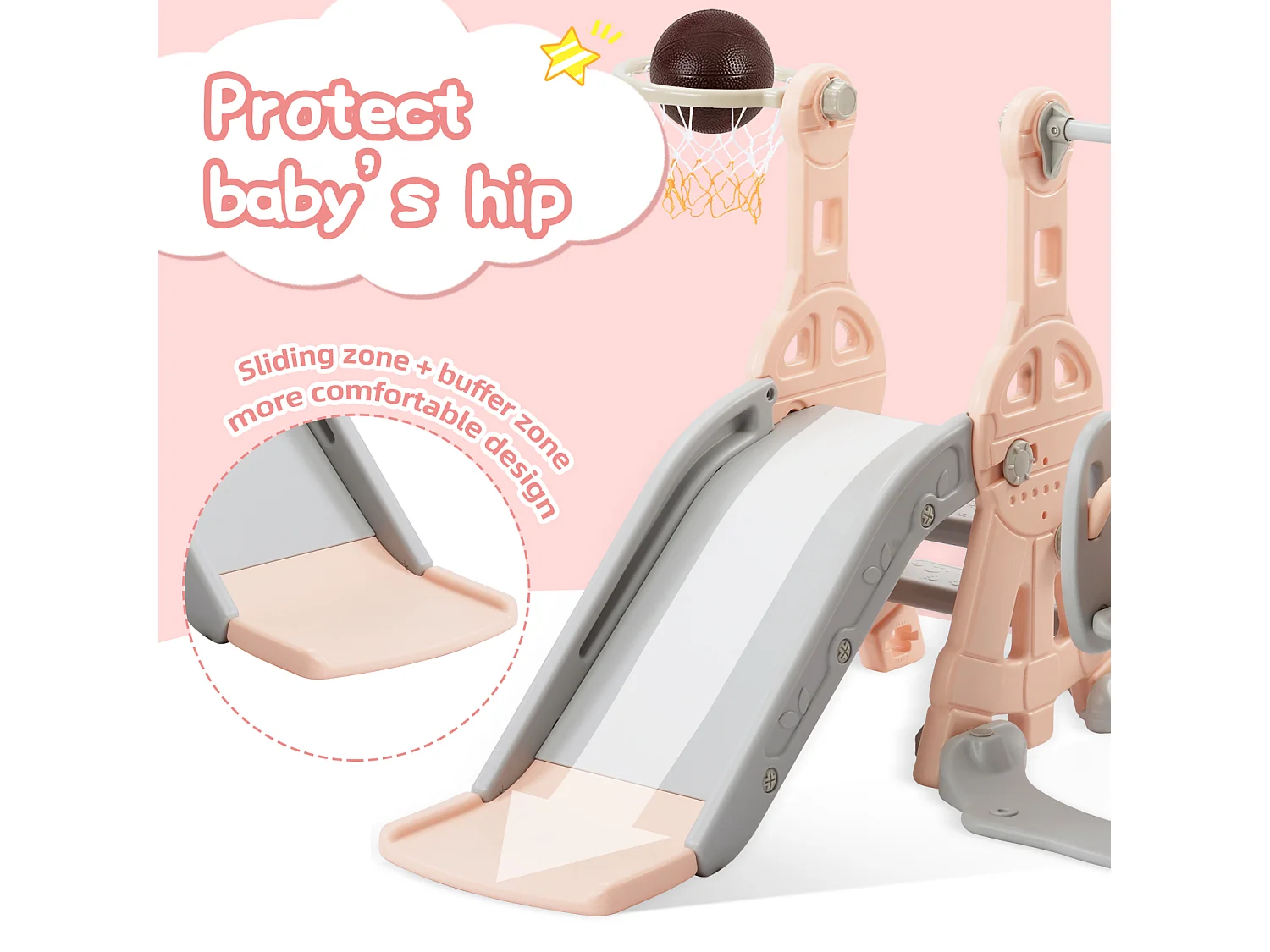 Tobogán infantil 4 en 1 con columpio, canasta de baloncesto y escalera para trepar. Ideal para jardín, tanto para uso interior como exterior.