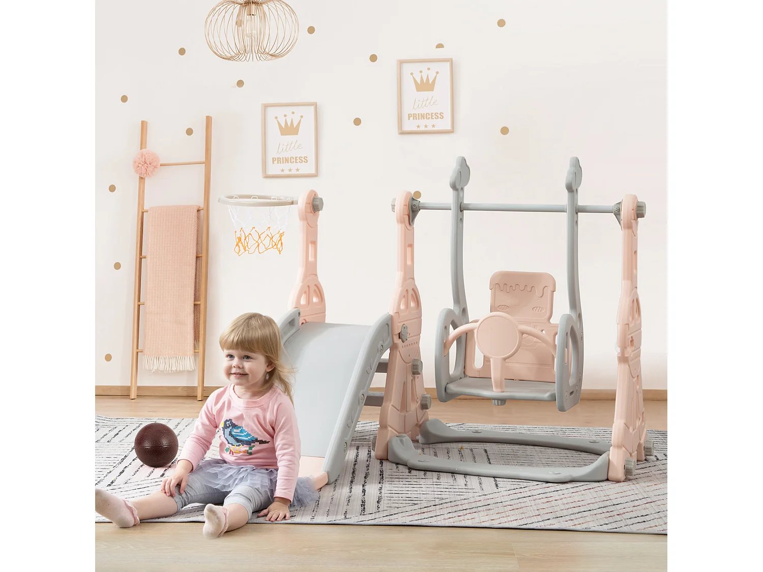 Toboggan pour enfants, toboggan balançoire 4 en 1 avec panier de basket, échelle d'escalade, toboggan de jardin pour une utilisation intérieure et extérieure