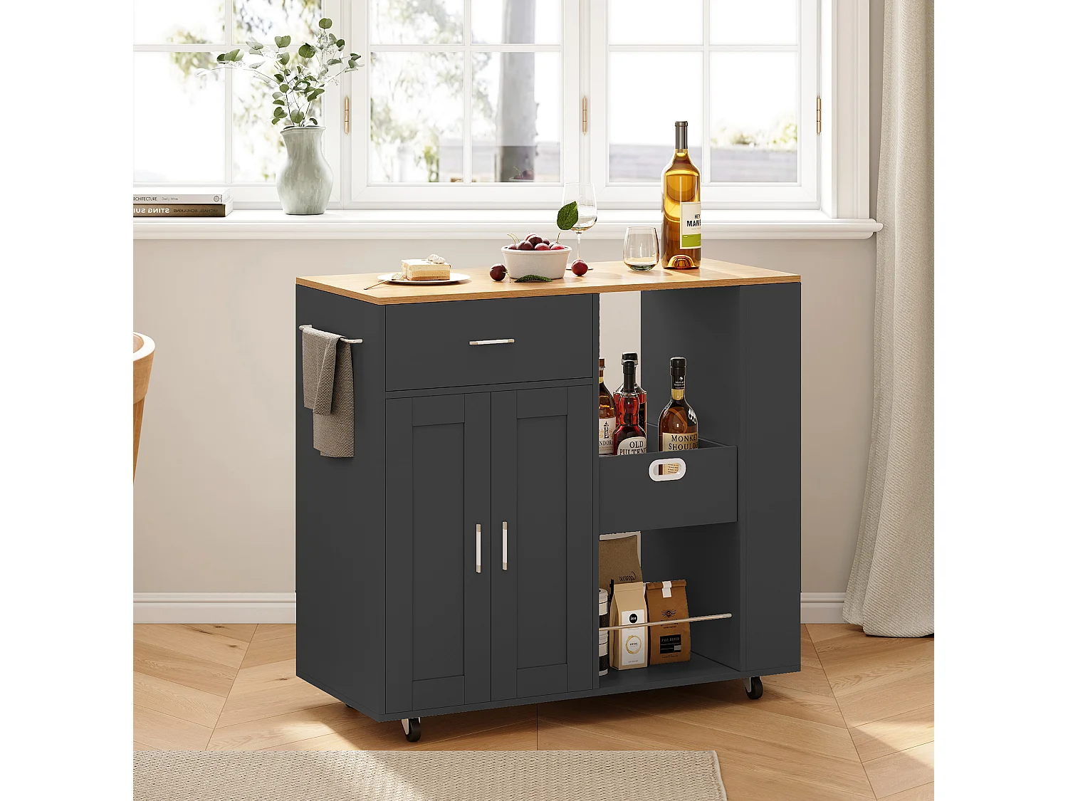 Îlot de cuisine mobile noir avec plateau en chêne – Rangement modulable, tiroirs et étagères ouvertes, pratique et robuste