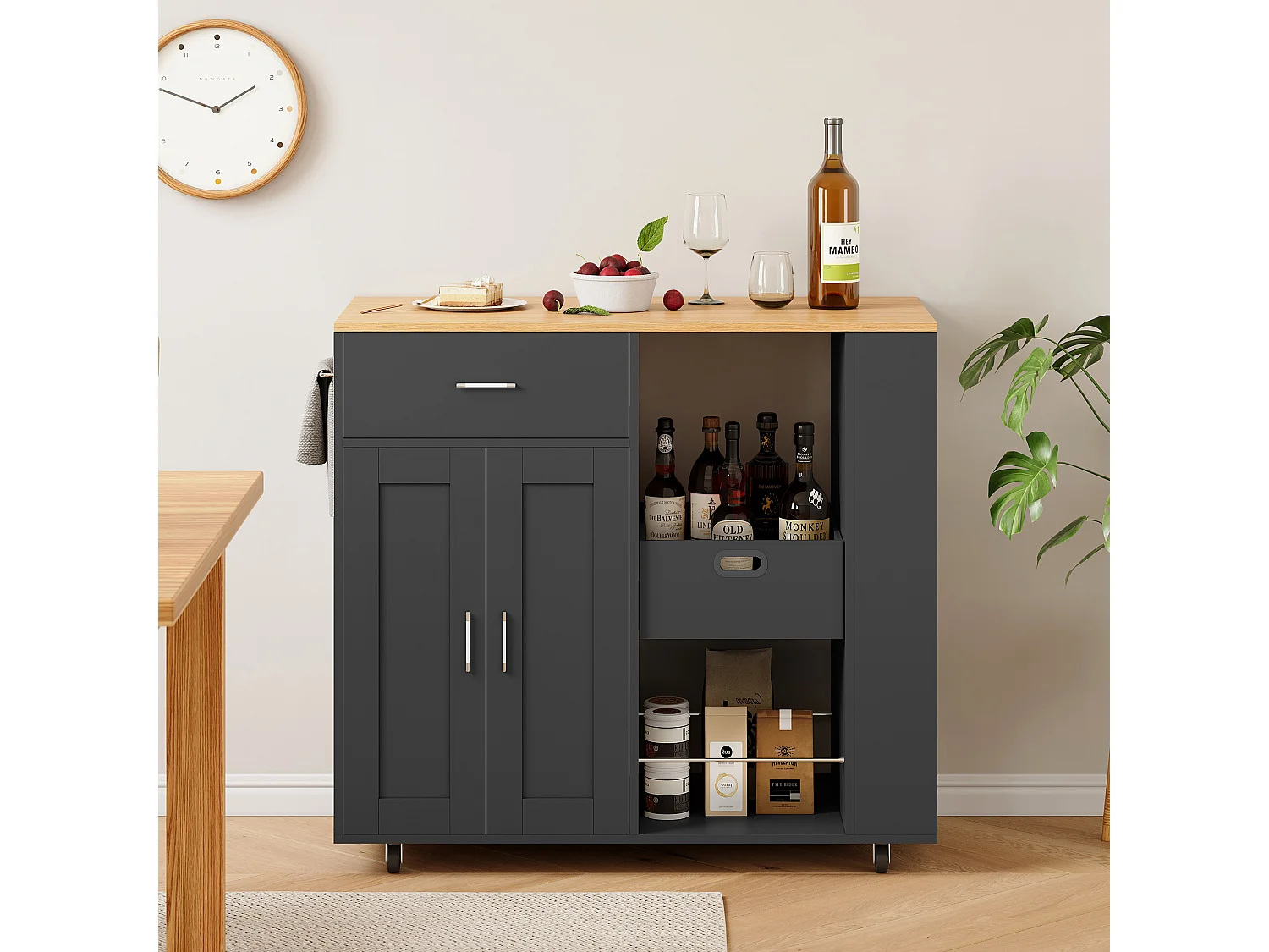 Îlot de cuisine mobile noir avec plateau en chêne – Rangement modulable, tiroirs et étagères ouvertes, pratique et robuste