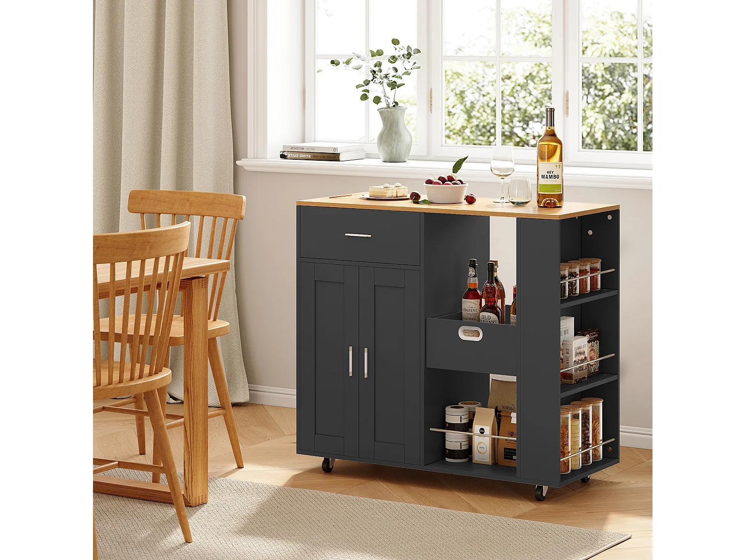 Îlot de cuisine mobile noir avec plateau en chêne – Rangement modulable, tiroirs et étagères ouvertes, pratique et robuste