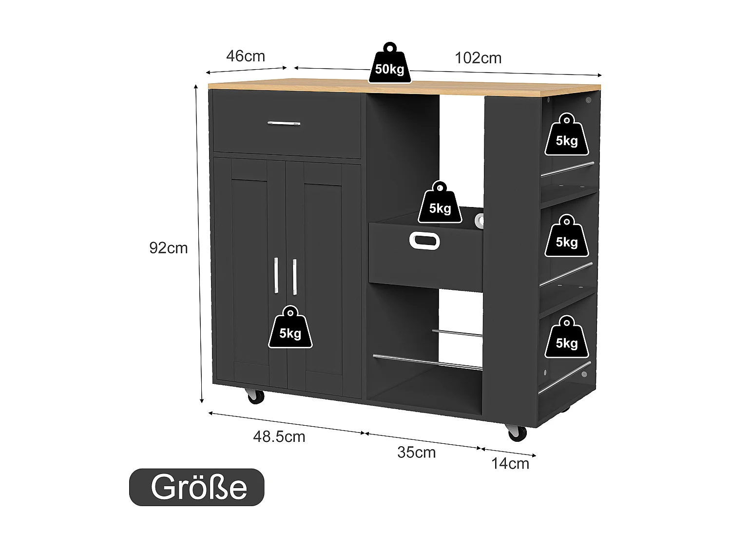 Îlot de cuisine mobile noir avec plateau en chêne – Rangement modulable, tiroirs et étagères ouvertes, pratique et robuste