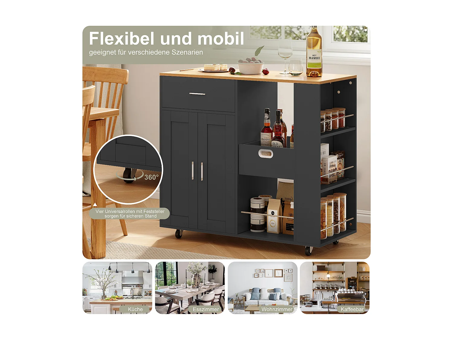 Îlot de cuisine mobile noir avec plateau en chêne – Rangement modulable, tiroirs et étagères ouvertes, pratique et robuste