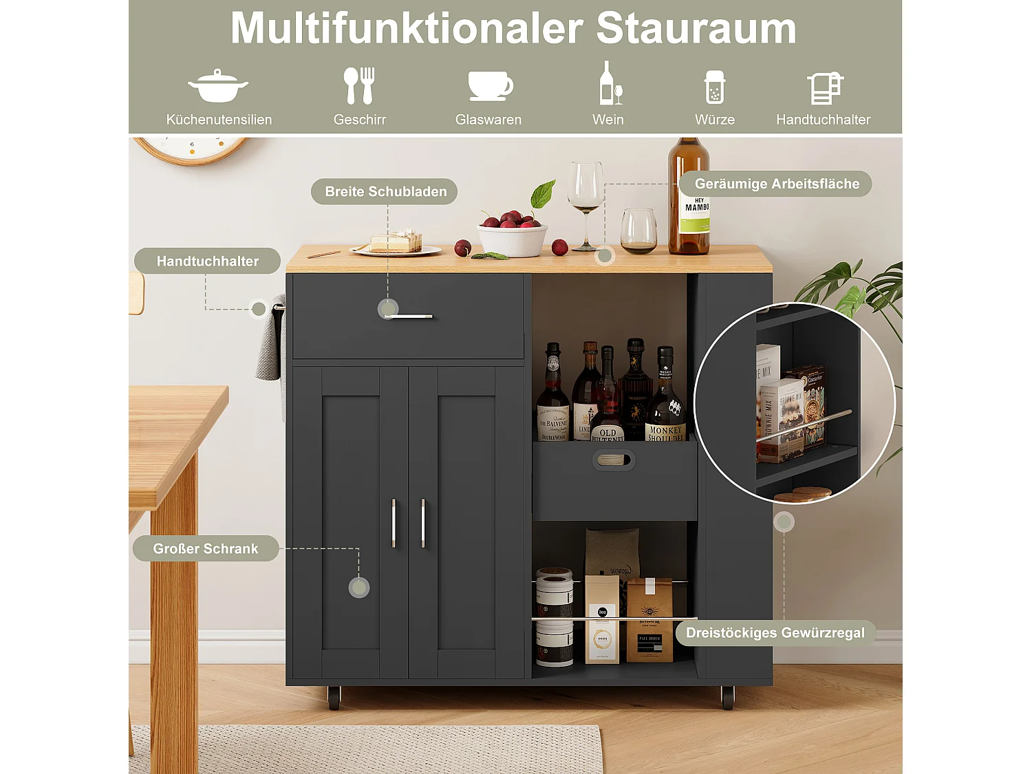 Îlot de cuisine mobile noir avec plateau en chêne – Rangement modulable, tiroirs et étagères ouvertes, pratique et robuste