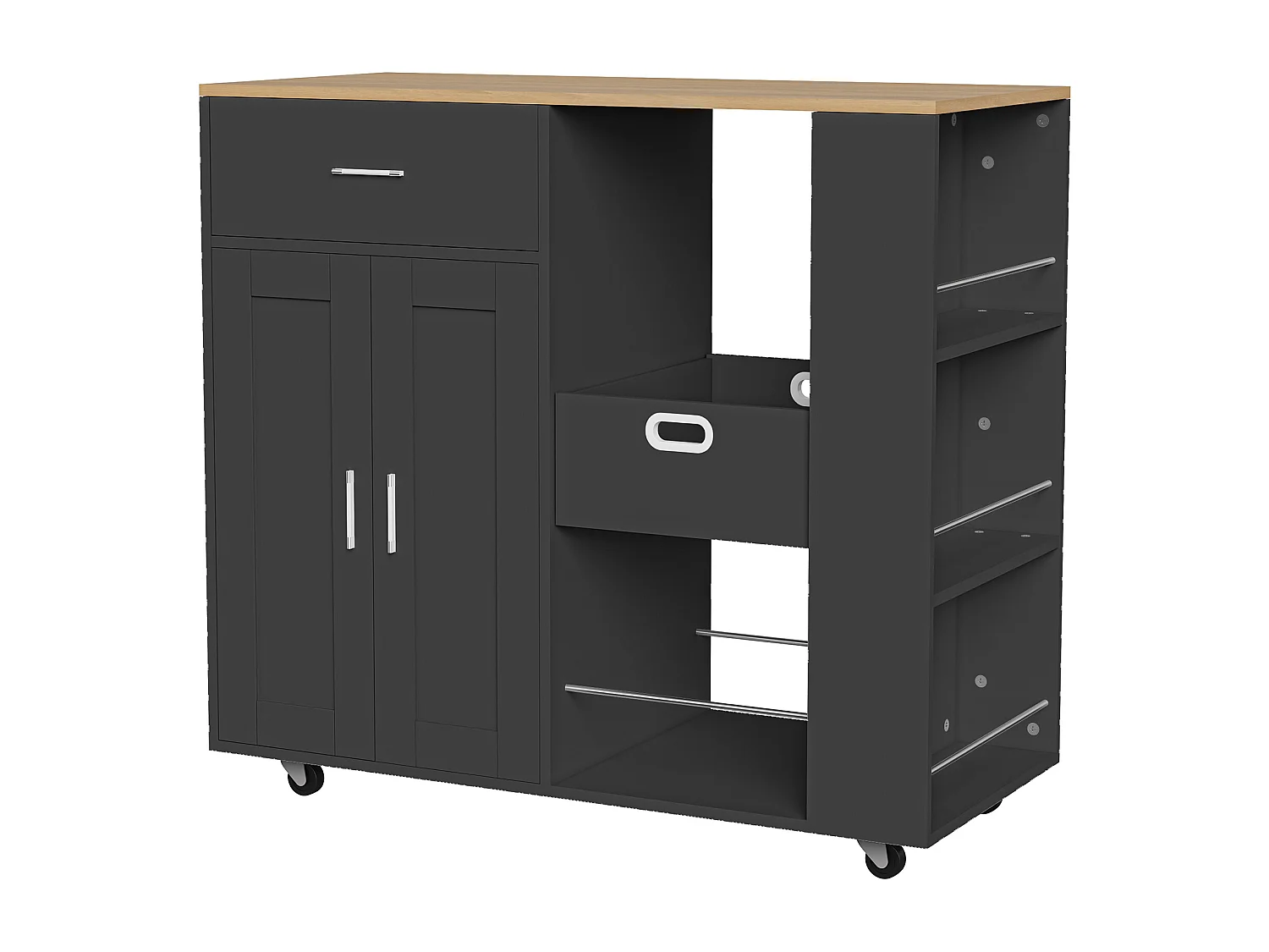 Îlot de cuisine mobile noir avec plateau en chêne – Rangement modulable, tiroirs et étagères ouvertes, pratique et robuste