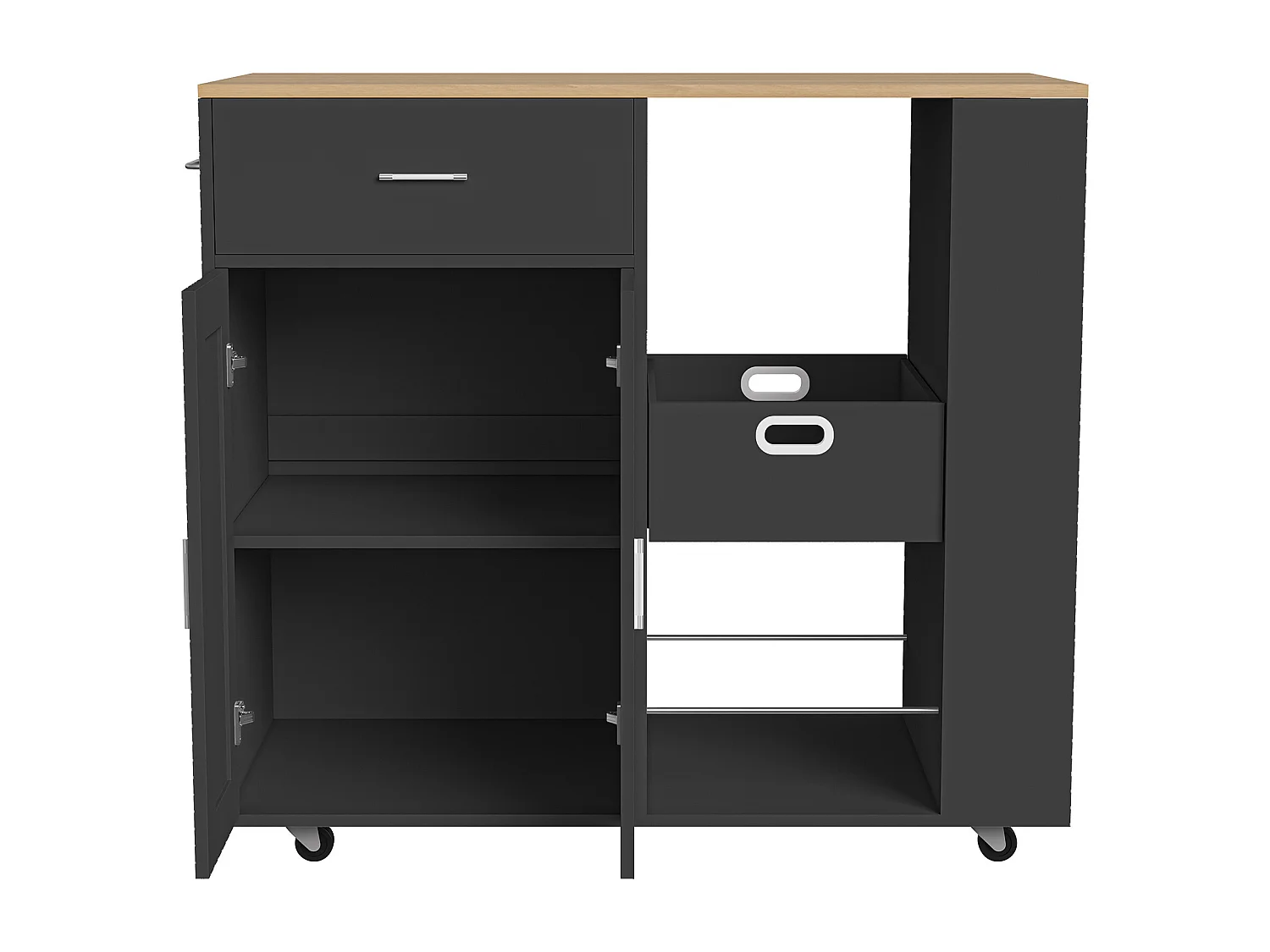 Îlot de cuisine mobile noir avec plateau en chêne – Rangement modulable, tiroirs et étagères ouvertes, pratique et robuste