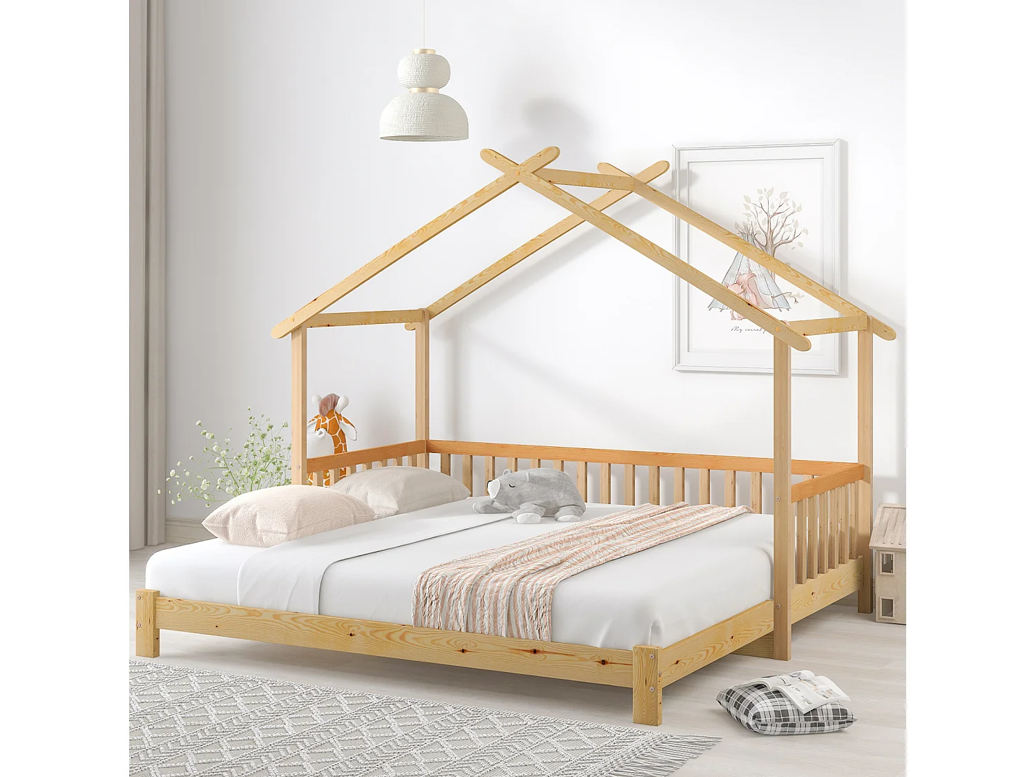Lit cabane modulable en bois massif naturel, 200x90 & 200x180 cm – Lit enfant ou lit double pratique et ludique