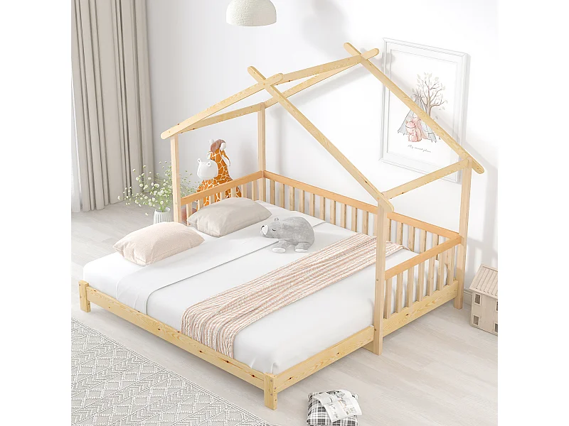 Lit cabane modulable en bois massif naturel, 200x90 & 200x180 cm – Lit enfant ou lit double pratique et ludique