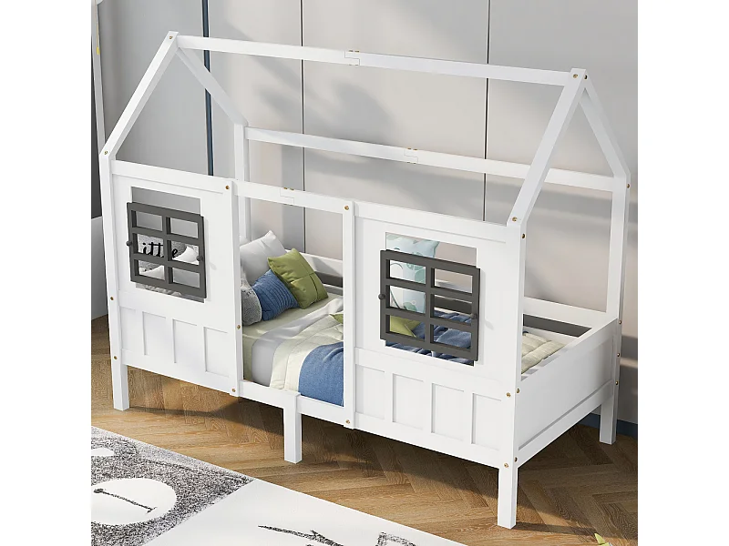 Lit cabane enfant 90x200cm blanc en pin et MDF, lit simple et lit de jour fonctionnel – Design ludique, solide et sécurisé pour enfants