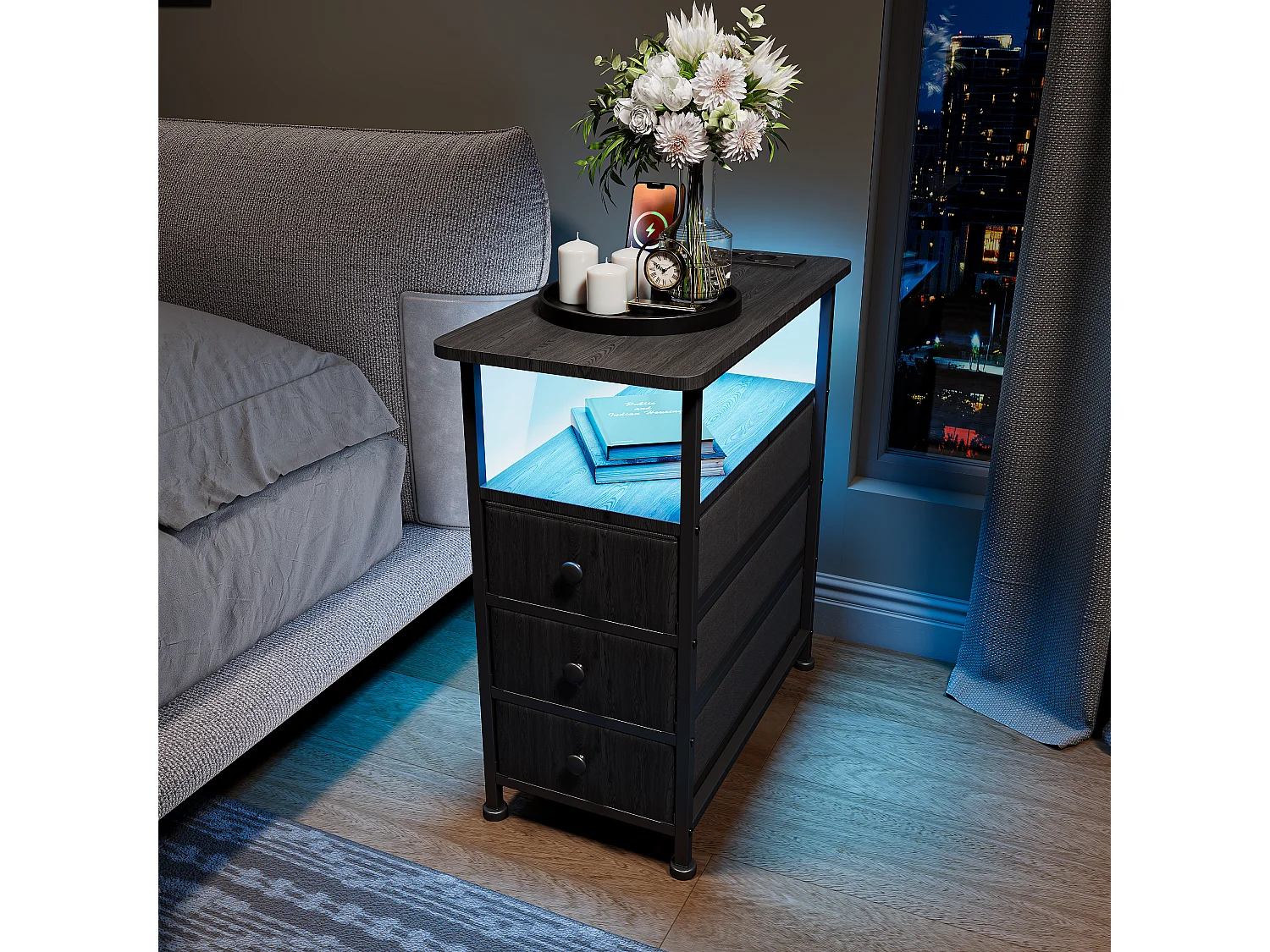 Zwarte LED-bijzettafel met 3 lades en EU-stekker – Modern design, praktische opbergruimte en hightechfuncties