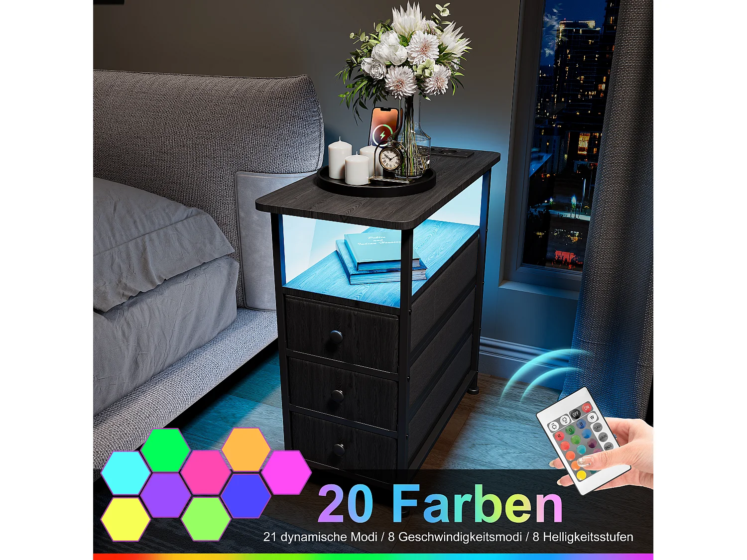Zwarte LED-bijzettafel met 3 lades en EU-stekker – Modern design, praktische opbergruimte en hightechfuncties