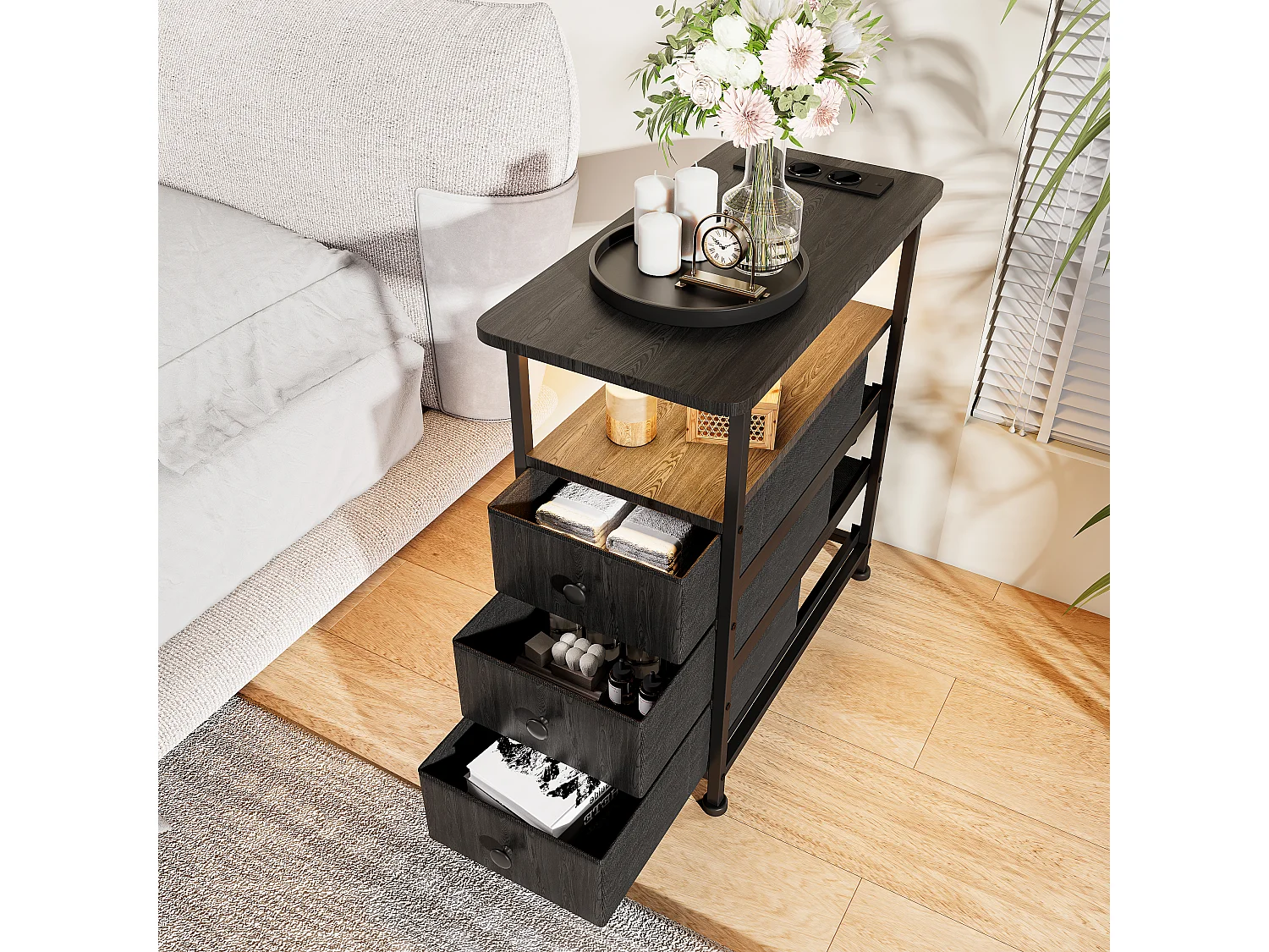 Zwarte LED-bijzettafel met 3 lades en EU-stekker – Modern design, praktische opbergruimte en hightechfuncties