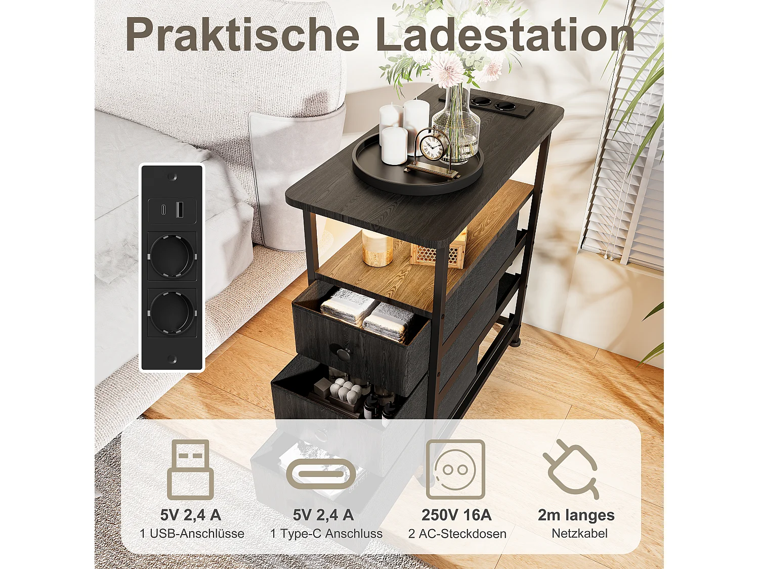 Zwarte LED-bijzettafel met 3 lades en EU-stekker – Modern design, praktische opbergruimte en hightechfuncties