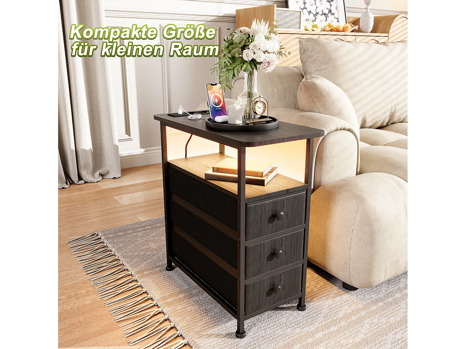 Zwarte LED-bijzettafel met 3 lades en EU-stekker – Modern design, praktische opbergruimte en hightechfuncties