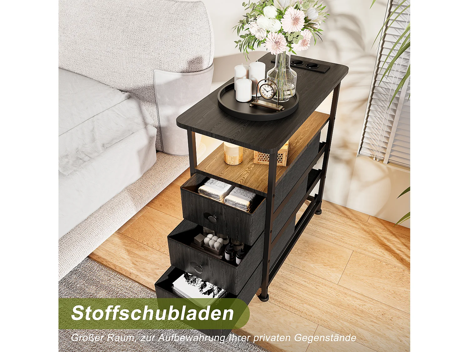 Zwarte LED-bijzettafel met 3 lades en EU-stekker – Modern design, praktische opbergruimte en hightechfuncties