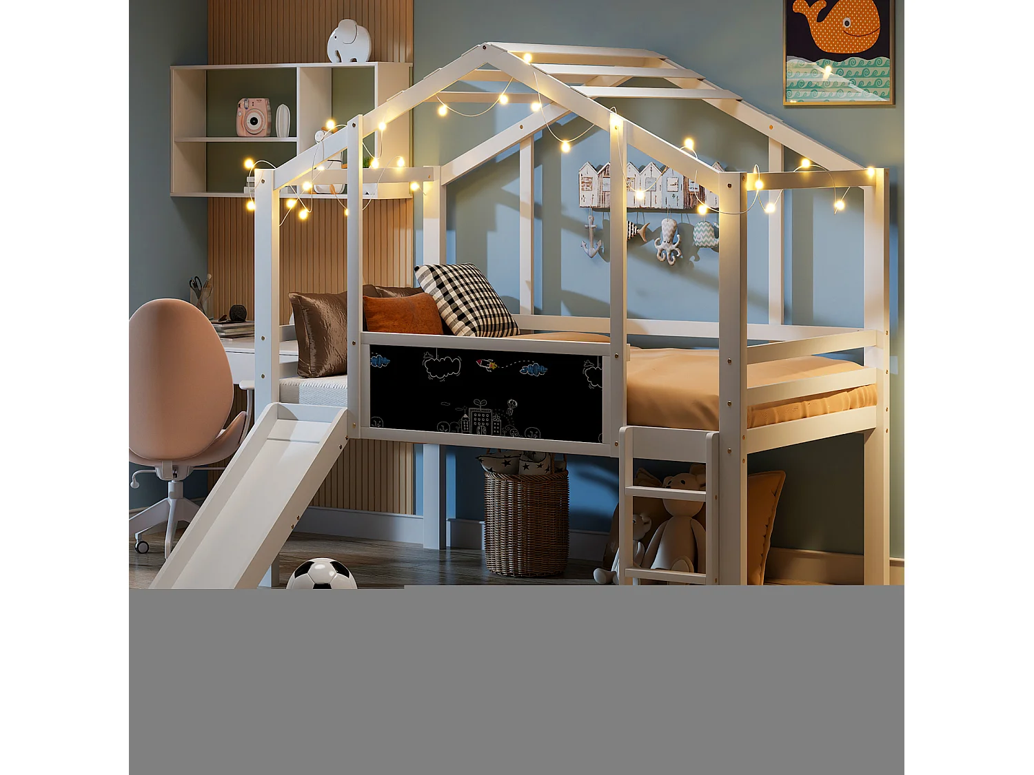 Cama infantil de 90x200 cm, estilo cabaña, blanca, con escalera y tobogán de seguridad, pizarra para grafitis, cama multifuncional de madera maciza.