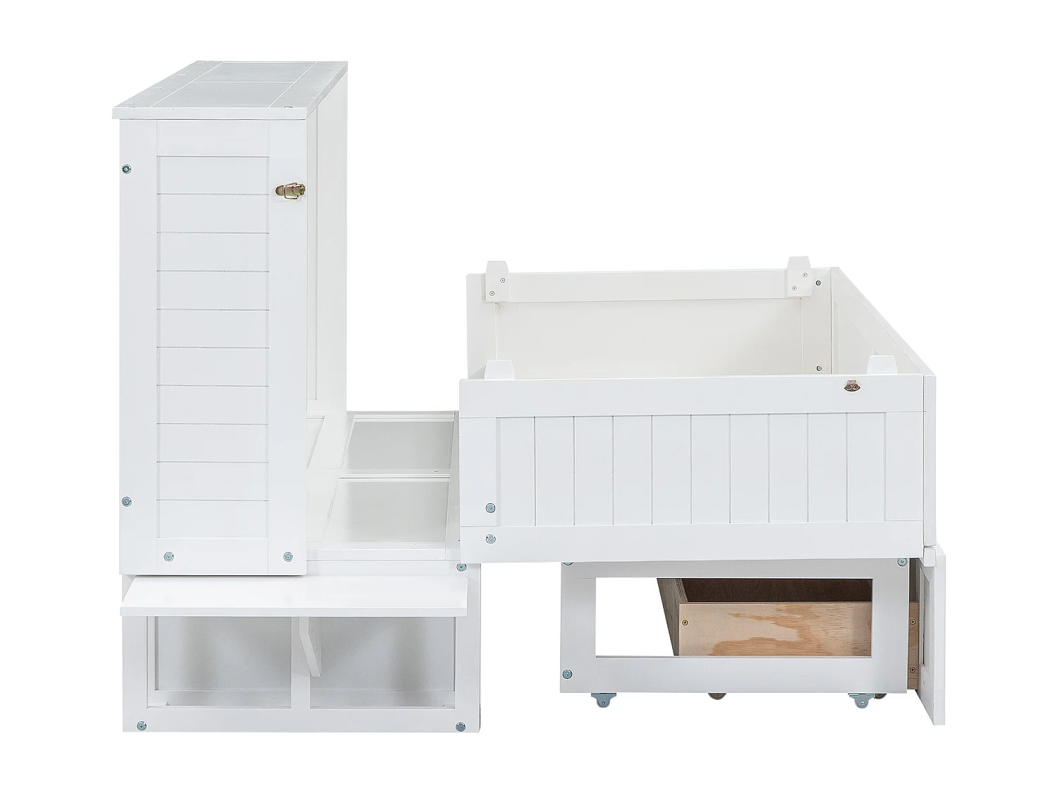 Lit escamotable 140x200 cm avec tiroirs et étagère latérale – Lit plateforme convertible, gain de place, design pratique, blanc