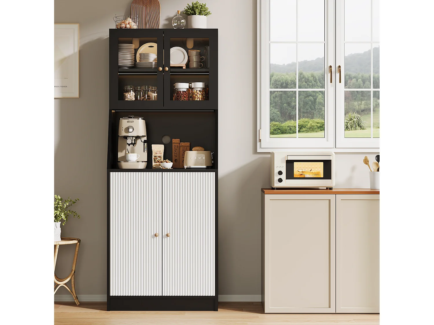 Buffet moderne noir avec LED intégrée, grand espace de rangement, design minimaliste, surface élégante et fonctionnelle