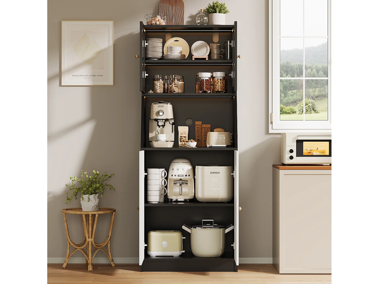 Buffet moderne noir avec LED intégrée, grand espace de rangement, design minimaliste, surface élégante et fonctionnelle