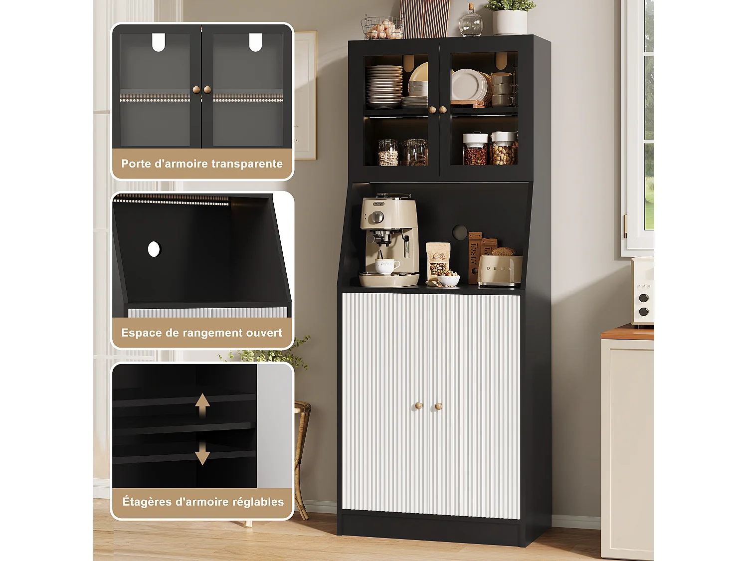 Buffet moderne noir avec LED intégrée, grand espace de rangement, design minimaliste, surface élégante et fonctionnelle