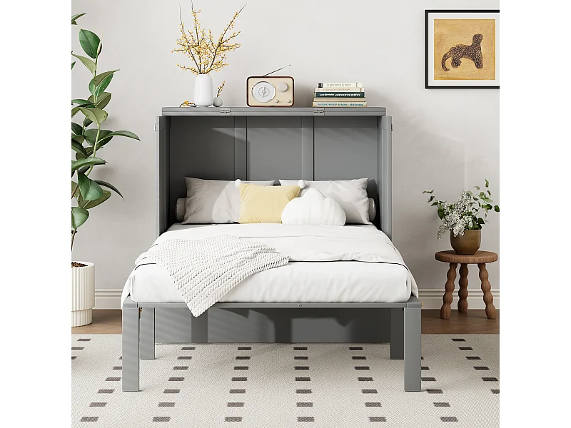 Lit escamotable 90x200 cm avec sommier, lit mural vertical pliant – Lit pratique pour adolescents, gain de place, design moderne et gris