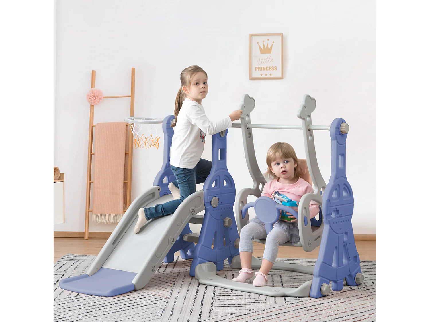 Tobogán infantil 4 en 1 con columpio, canasta de baloncesto y escalera para trepar. Ideal para jardín, tanto para uso interior como exterior.