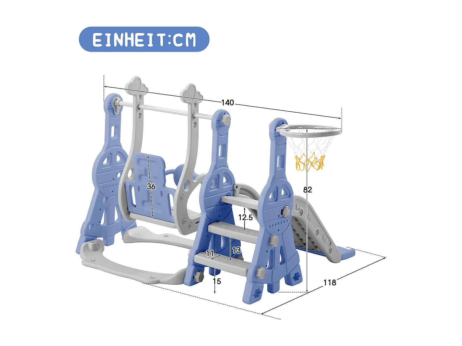 Tobogán infantil 4 en 1 con columpio, canasta de baloncesto y escalera para trepar. Ideal para jardín, tanto para uso interior como exterior.