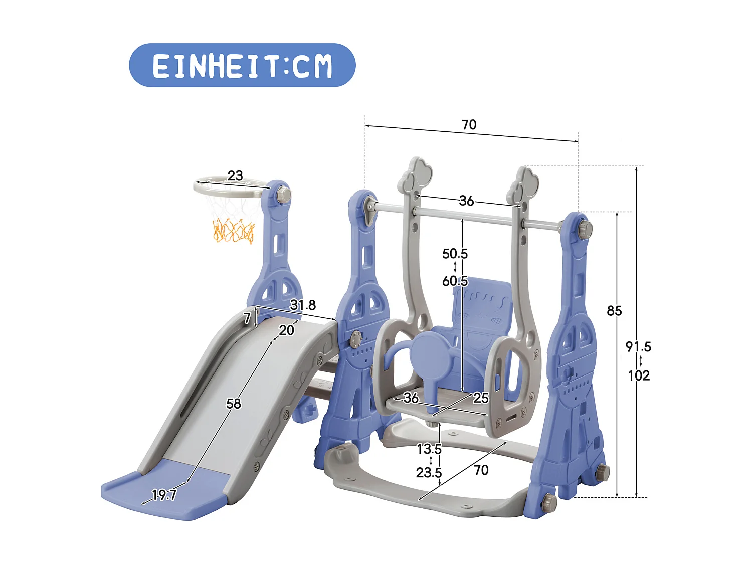 Tobogán infantil 4 en 1 con columpio, canasta de baloncesto y escalera para trepar. Ideal para jardín, tanto para uso interior como exterior.