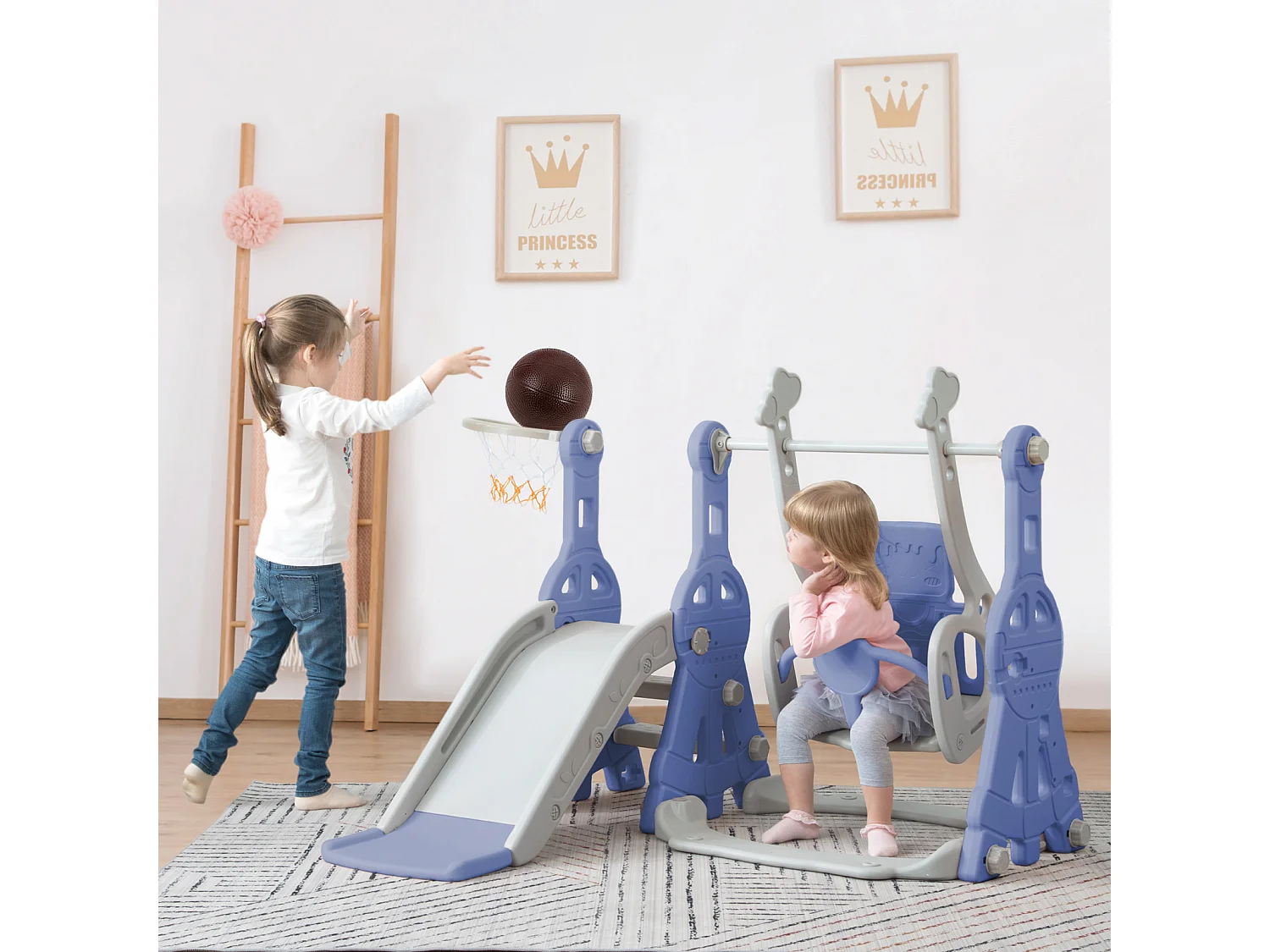 Toboggan pour enfants, toboggan balançoire 4 en 1 avec panier de basket, échelle d'escalade, toboggan de jardin pour une utilisation intérieure et extérieure