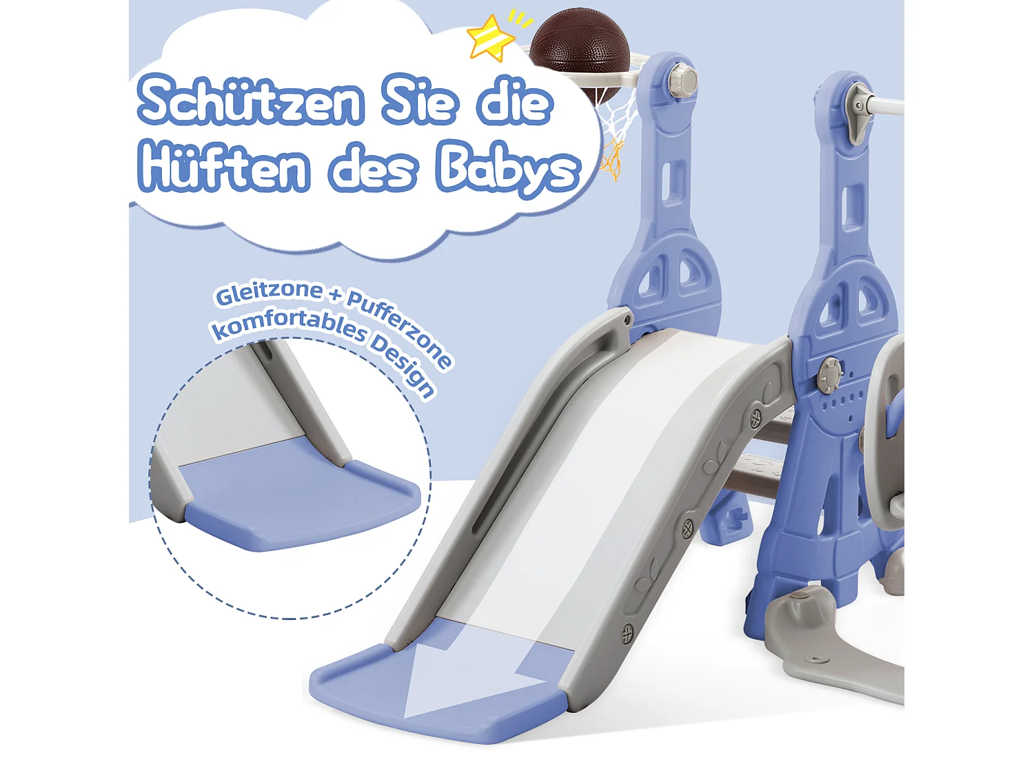 Toboggan pour enfants, toboggan balançoire 4 en 1 avec panier de basket, échelle d'escalade, toboggan de jardin pour une utilisation intérieure et extérieure