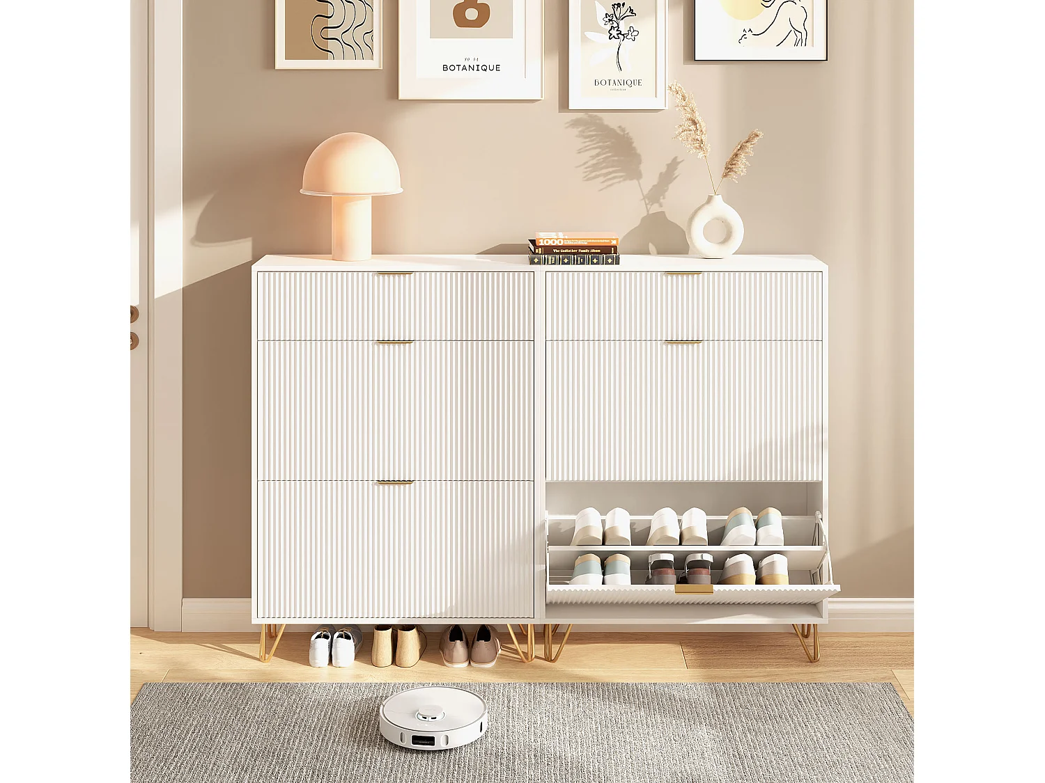 Meuble à chaussures 2 portes, design ondulé blanc, pieds hauts, espace extensible, surface imperméable et facile à nettoyer