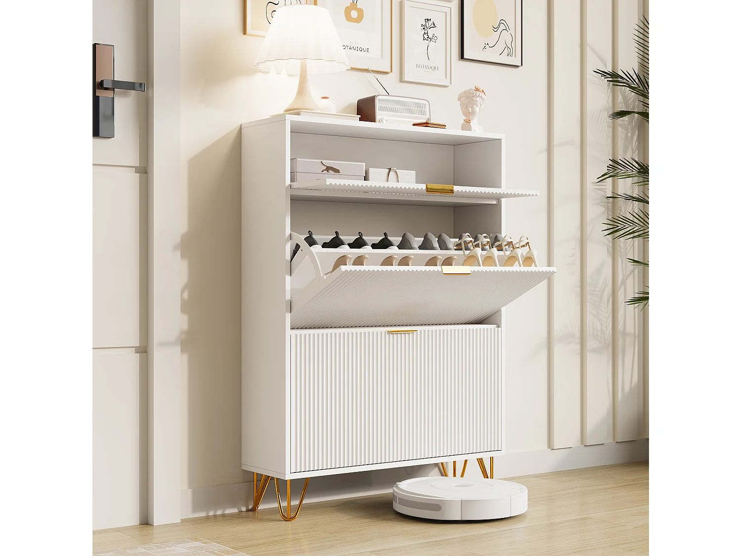 Meuble à chaussures 2 portes, design ondulé blanc, pieds hauts, espace extensible, surface imperméable et facile à nettoyer