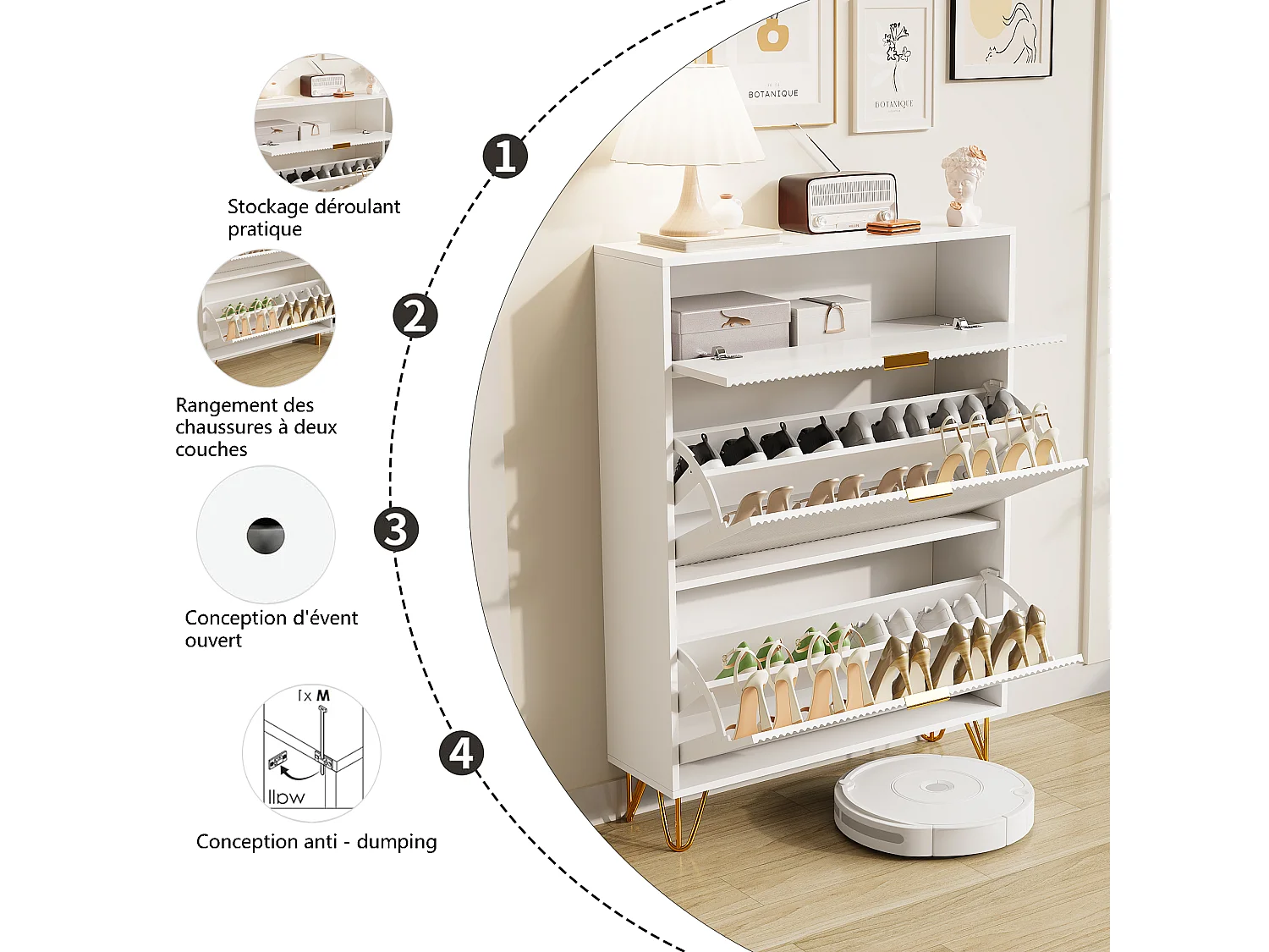 Meuble à chaussures 2 portes, design ondulé blanc, pieds hauts, espace extensible, surface imperméable et facile à nettoyer