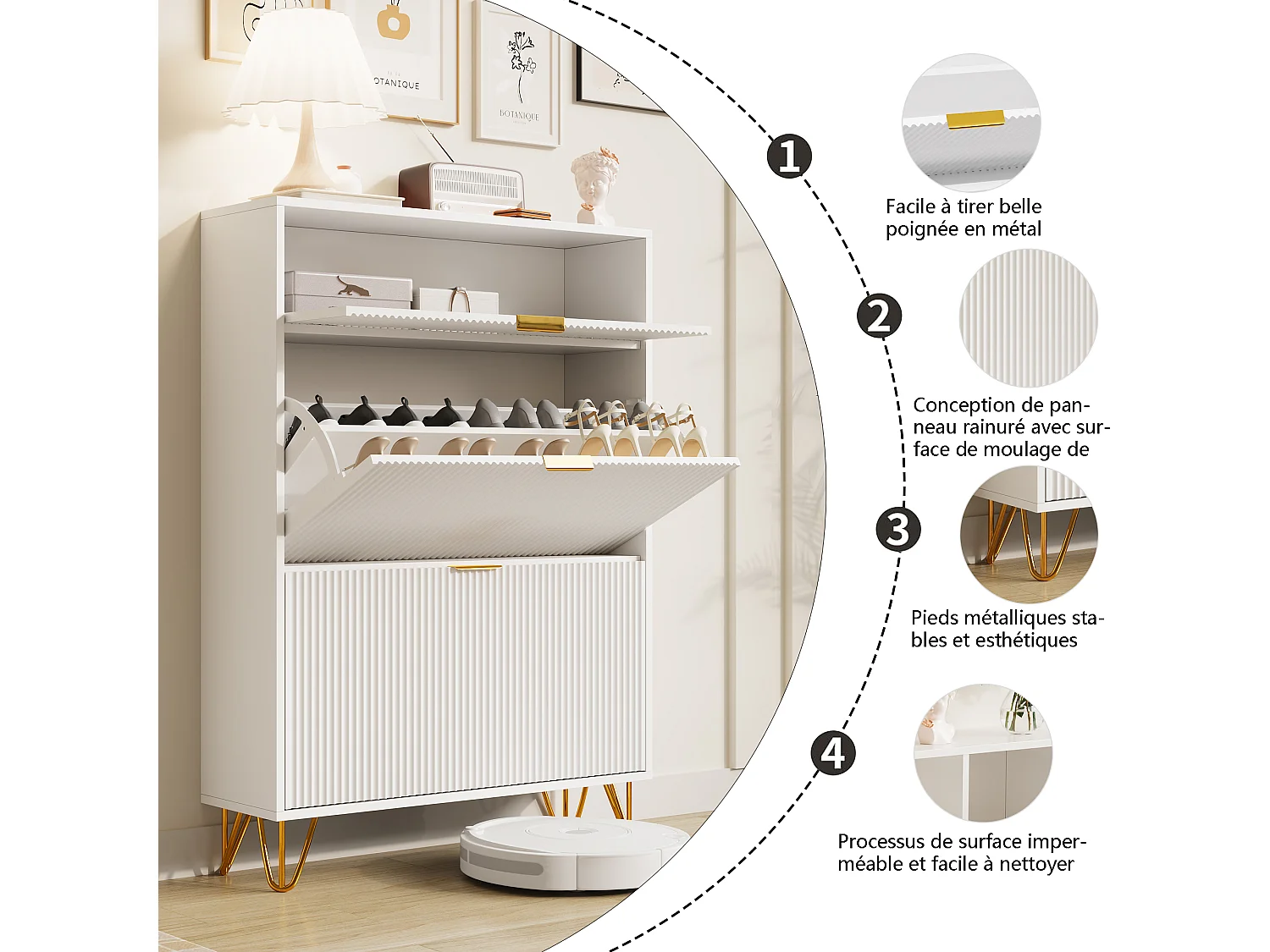 Meuble à chaussures 2 portes, design ondulé blanc, pieds hauts, espace extensible, surface imperméable et facile à nettoyer