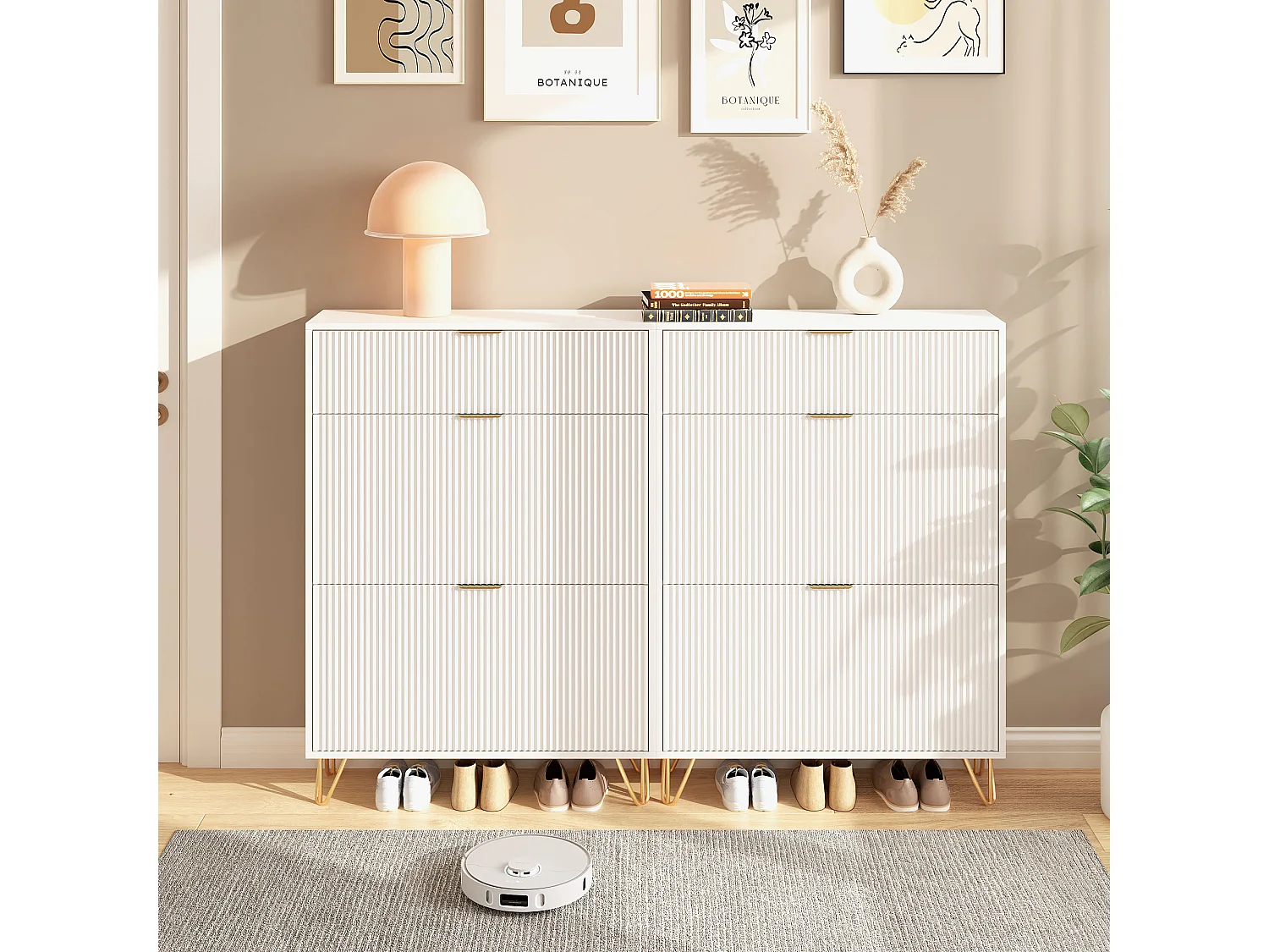 Meuble à chaussures 2 portes, design ondulé blanc, pieds hauts, espace extensible, surface imperméable et facile à nettoyer