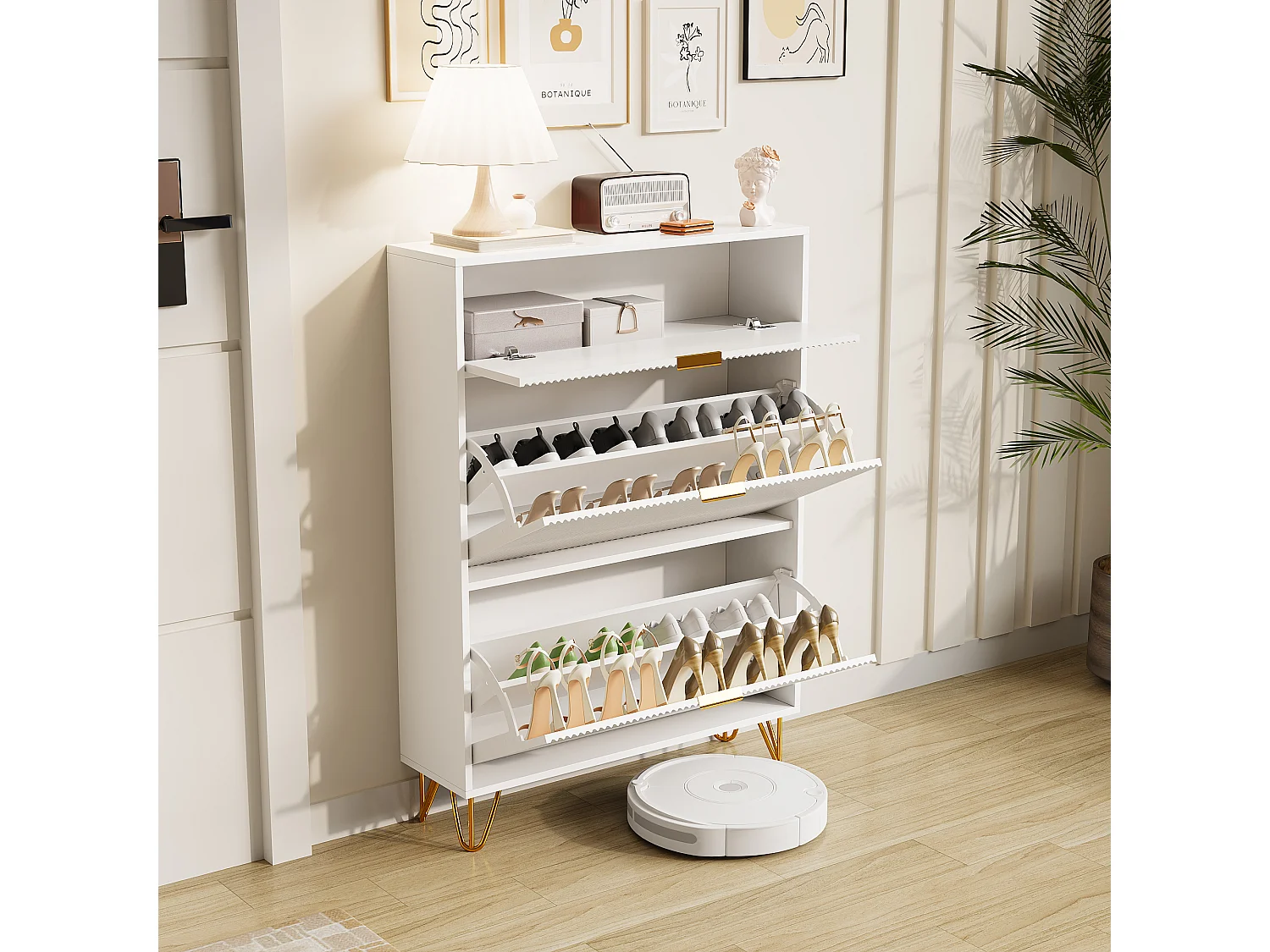 Meuble à chaussures 2 portes, design ondulé blanc, pieds hauts, espace extensible, surface imperméable et facile à nettoyer