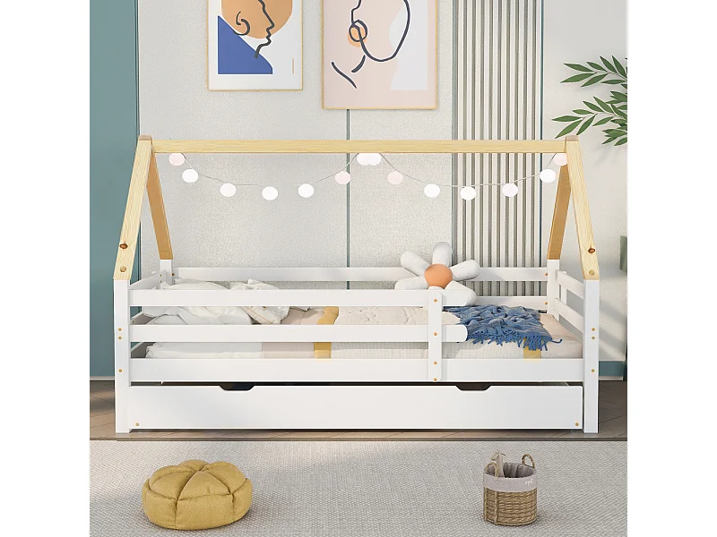 Lit cabane 90x200 cm en bois massif blanc avec lit gigogne à roulettes, toit naturel, lit jour enfant pratique et ludique