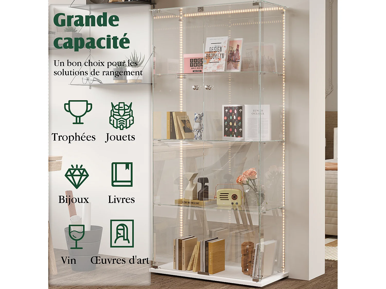 Vitrine d’exposition à double porte 4 niveaux avec LED intégrée, fond blanc, verre trempé transparent – Design moderne et lumineux