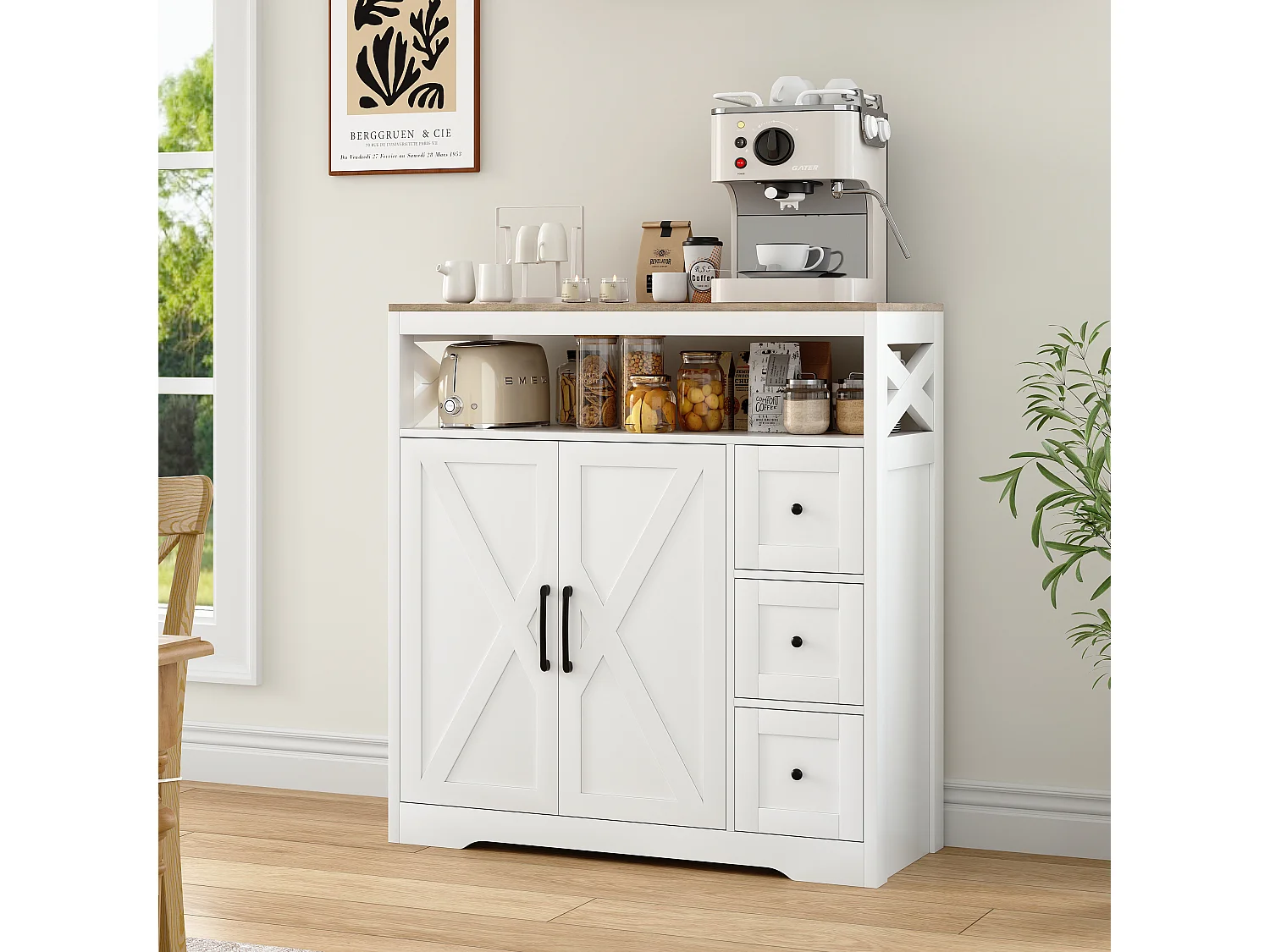 Scandinavisch dressoir met 3 lades en 2 deuren van MDF – strak design, praktische opbergruimte, ecologische materialen en eenvoudige montage