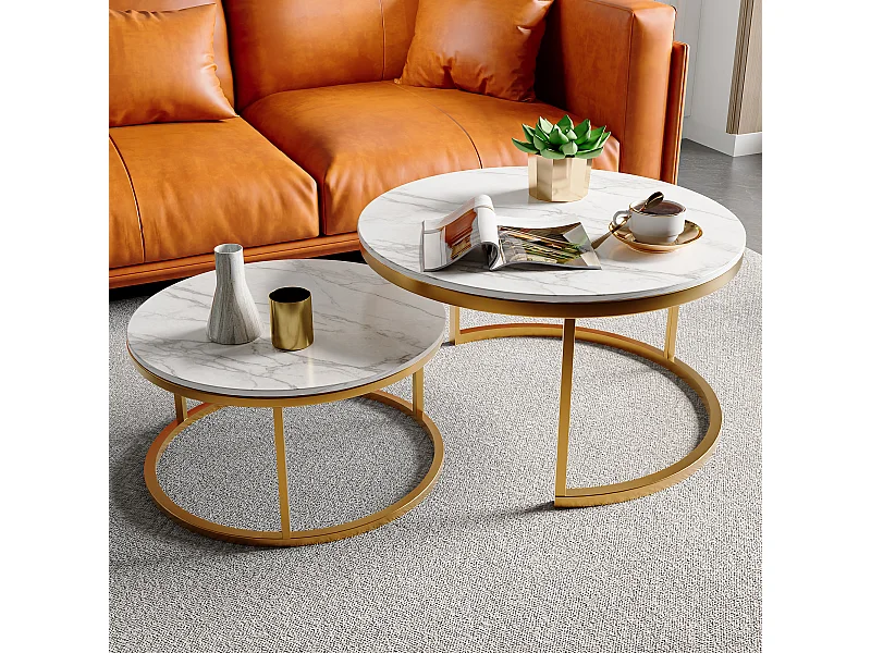 Set van 2 ronde salontafels in elkaar passend – Goudkleurig metalen frame, blad met houtlook, modern en elegant design voor de woonkamer