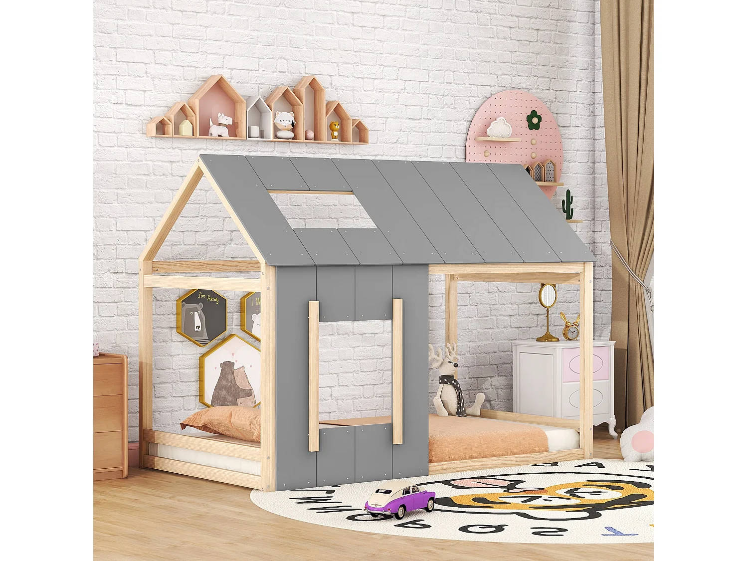 Kinderbed 90x200 cm, eenpersoonsbed met dak en raam – Speels en veilig design, natuurlijk hout en grijs