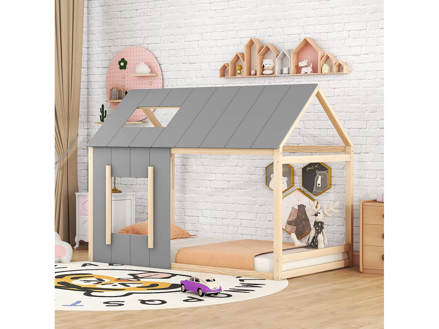 Kinderbed 90x200 cm, eenpersoonsbed met dak en raam – Speels en veilig design, natuurlijk hout en grijs