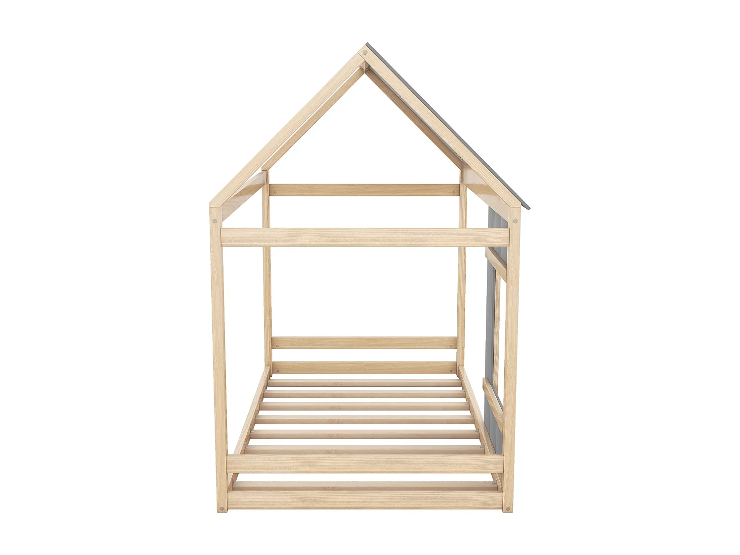 Kinderbed 90x200 cm, eenpersoonsbed met dak en raam – Speels en veilig design, natuurlijk hout en grijs