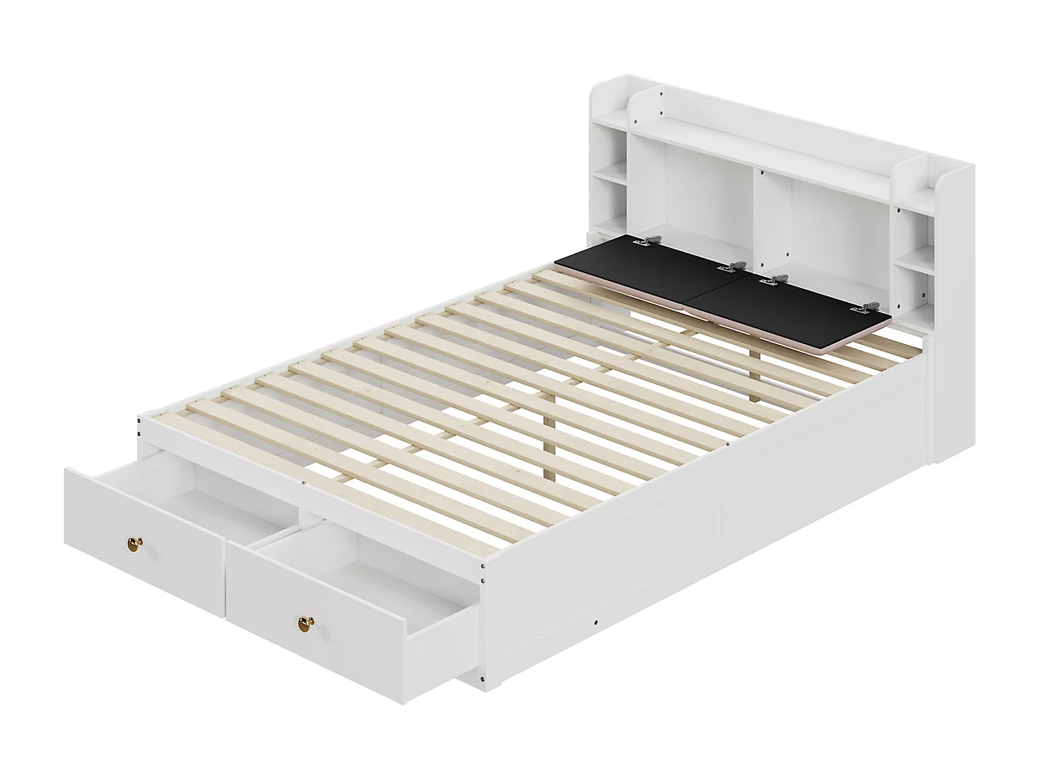 Lit combiné 140x200 cm en bois massif blanc avec tête de lit coffre, tiroirs, table de chevet, rangement long et banquette