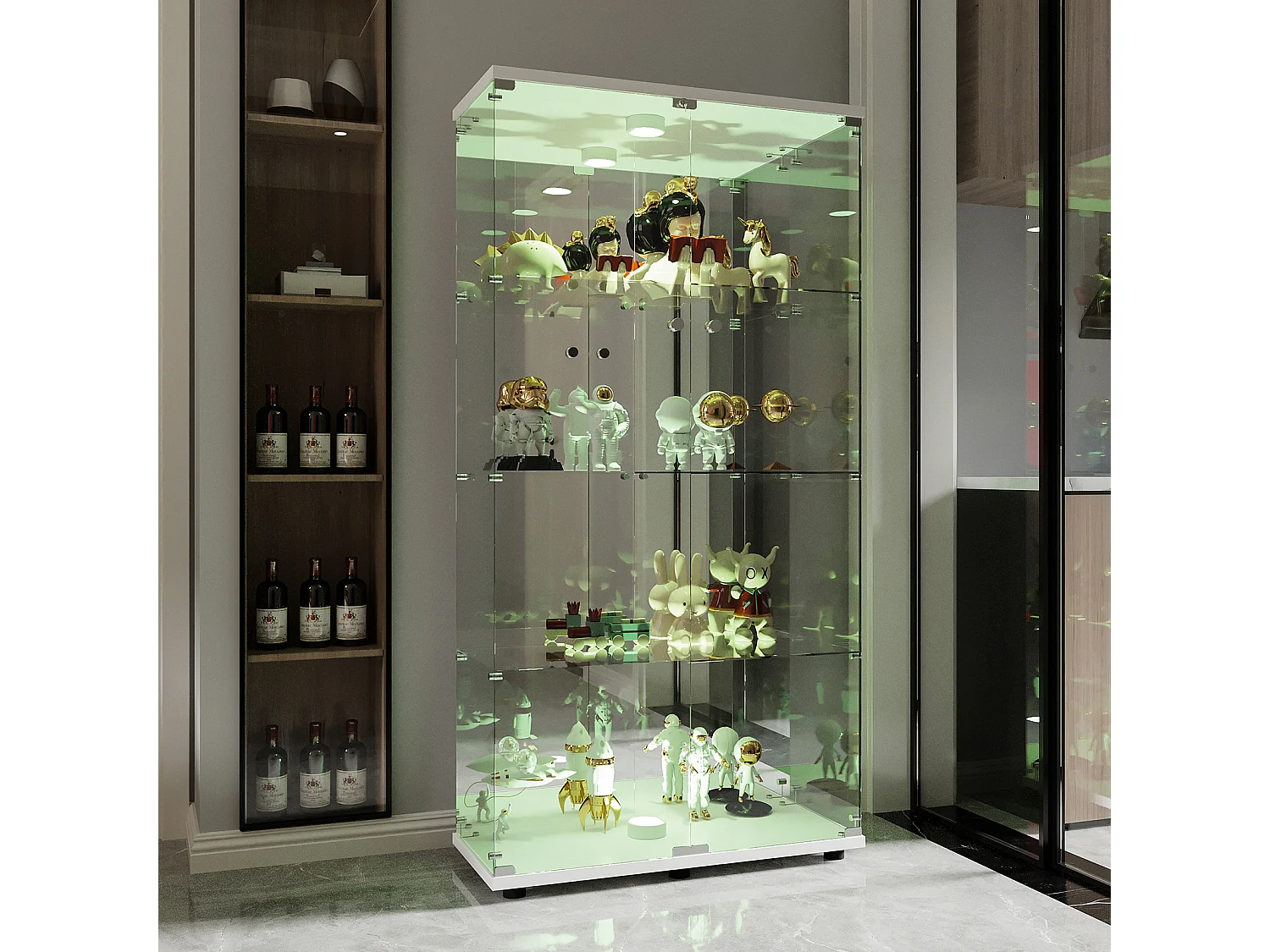 Vitrina bar de cristal templado con doble puerta, 4 estantes e iluminación LED – Mueble de almacenaje y exposición moderno en color blanco