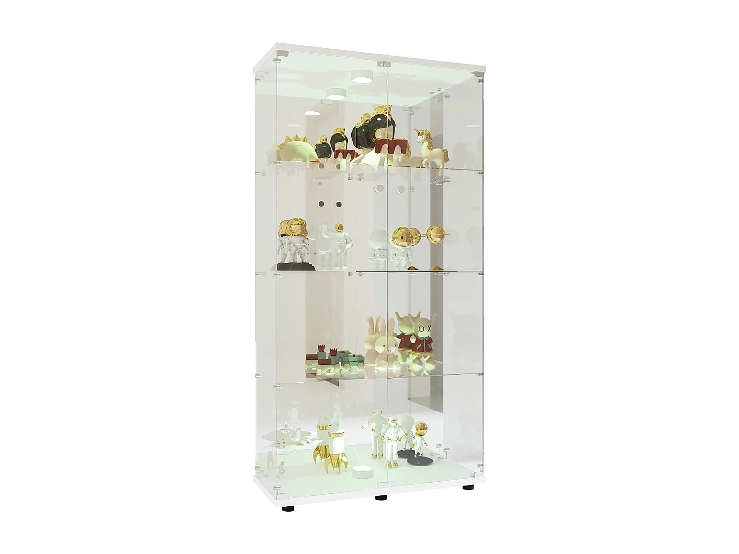 Vitrina bar de cristal templado con doble puerta, 4 estantes e iluminación LED – Mueble de almacenaje y exposición moderno en color blanco