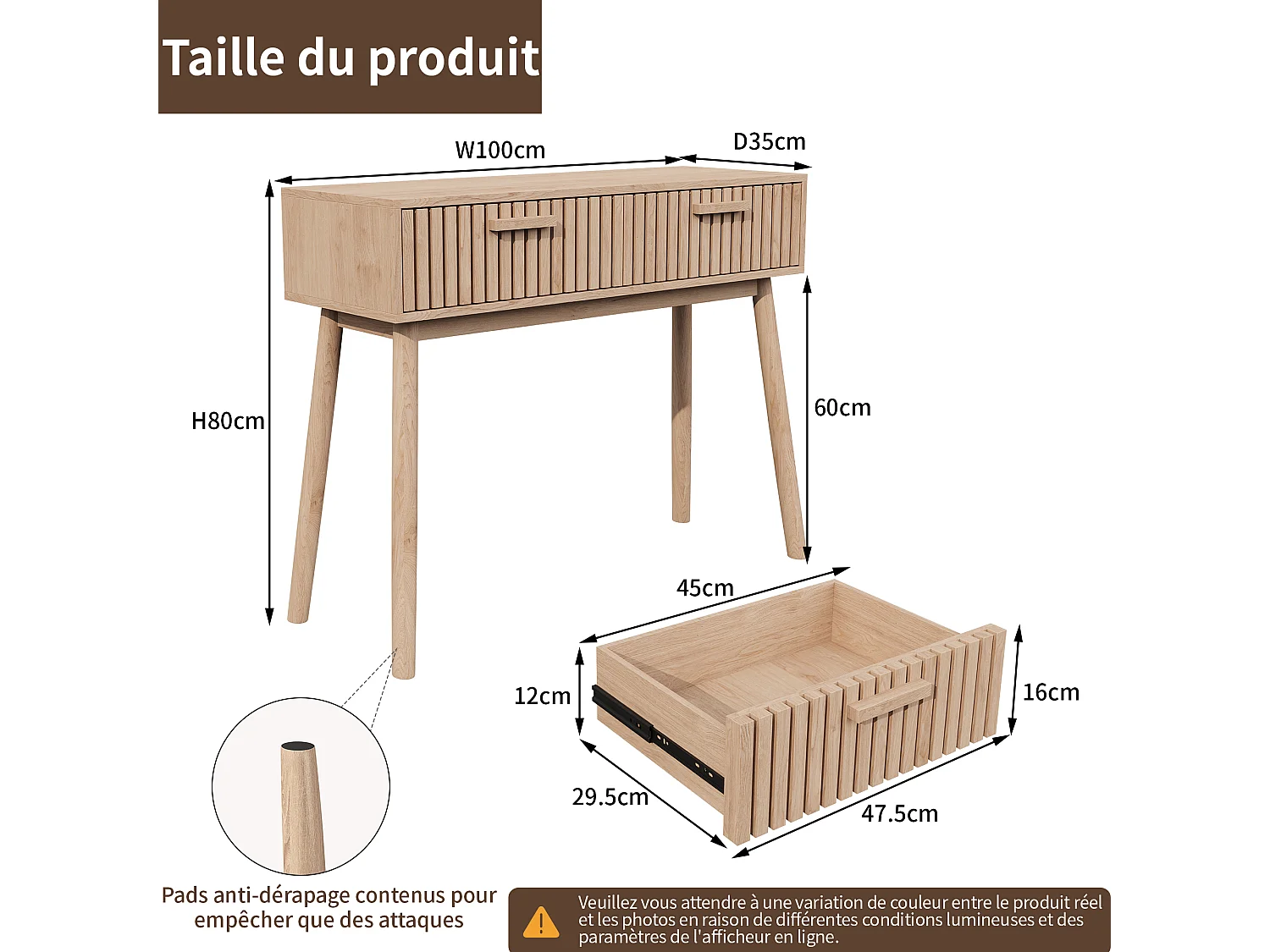 Console d'Entrée / Table de Canapé en Bois Massif Naturel avec 2 Tiroirs, Grande Capacité de Rangement, Système Anti-Basculement